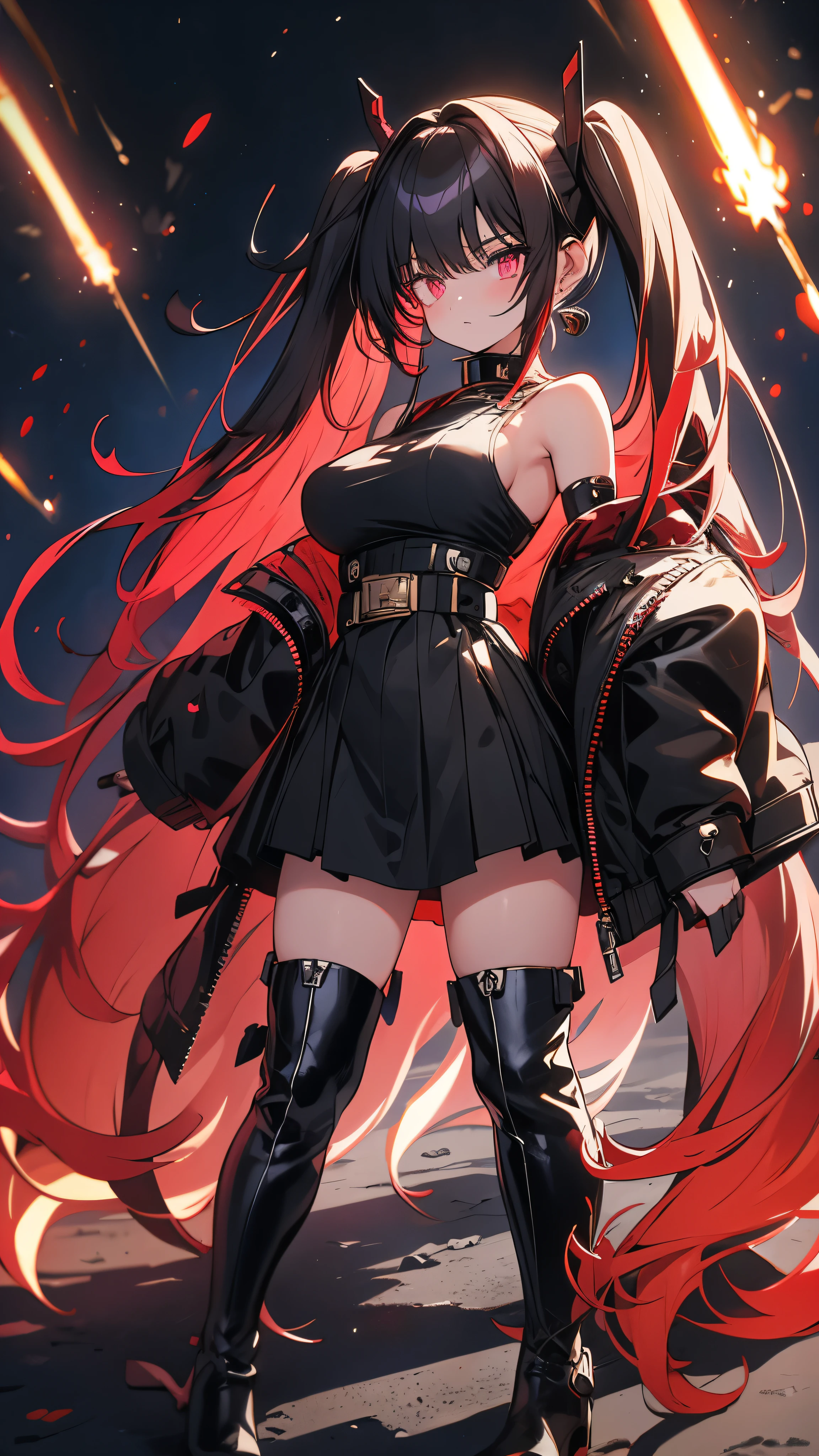 long-haired girl with pigtails, vermilion hair, perfect body, metallic mouth cover, metallic robot arms, red-purple eyes, military top, big breasts, beautiful thick thighs, purple-red and black clothing, military boots, many belts , holds a futuristic laser cannon, has war scars, kneeling pose aiming a rifle, full body focus, high definition details, dynamic lighting, rtx, military base background.