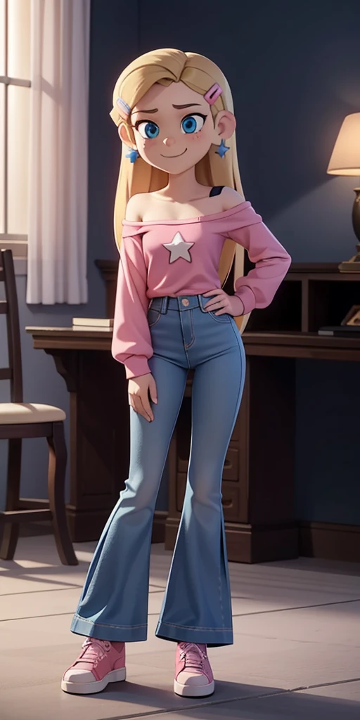 score_9, source_cartoon, masterpiece, best quality, 1girl, solo, Kelly Marra, looking very happy, long hair, blonde hair, cute blue eyes, hair ornament, white long sleeves, hairclip, bell-bottom blue pants(Wide flares on pants:1.2), pink shoes, off shoulder, white star (symbol) in the middle of the shirt, Pink t-shirt,
