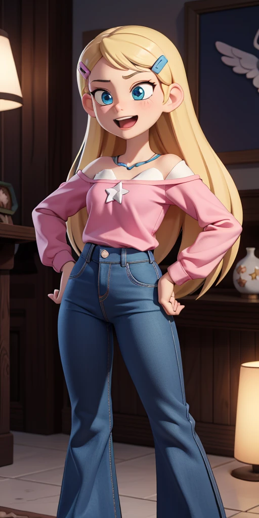 score_9, source_cartoon, masterpiece, best quality, 1girl, solo, Kelly Marra, looking very happy, long hair, blonde hair, cute blue eyes, hair ornament, white long sleeves, hairclip, bell-bottom blue pants(Wide flares on pants:1.2), pink shoes, off shoulder, white star (symbol) in the middle of the shirt, Pink t-shirt,
