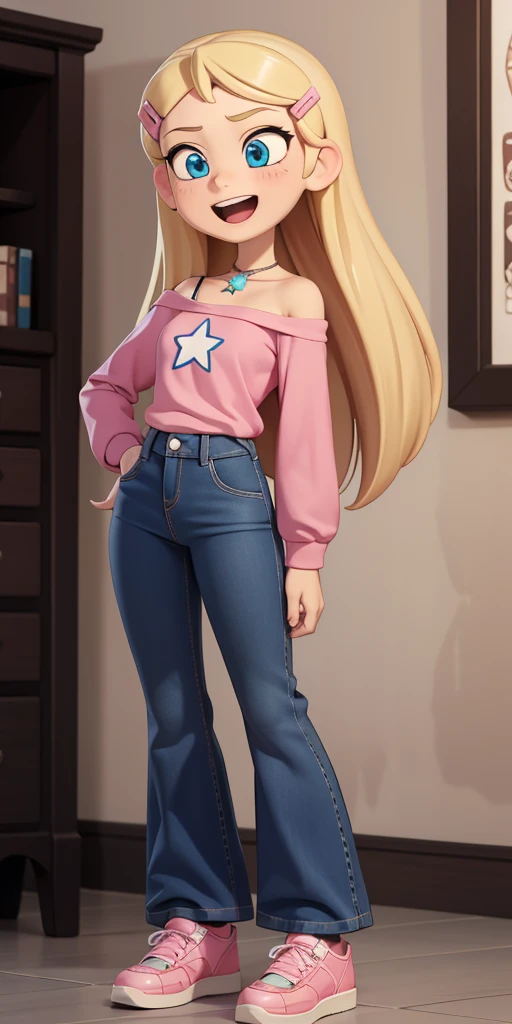 score_9, source_cartoon, masterpiece, best quality, 1girl, solo, Kelly Marra, looking very happy, long hair, blonde hair, cute blue eyes, hair ornament, white long sleeves, hairclip, bell-bottom blue pants(Wide flares on pants:1.2), pink shoes, off shoulder, white star (symbol) in the middle of the shirt, Pink t-shirt,
