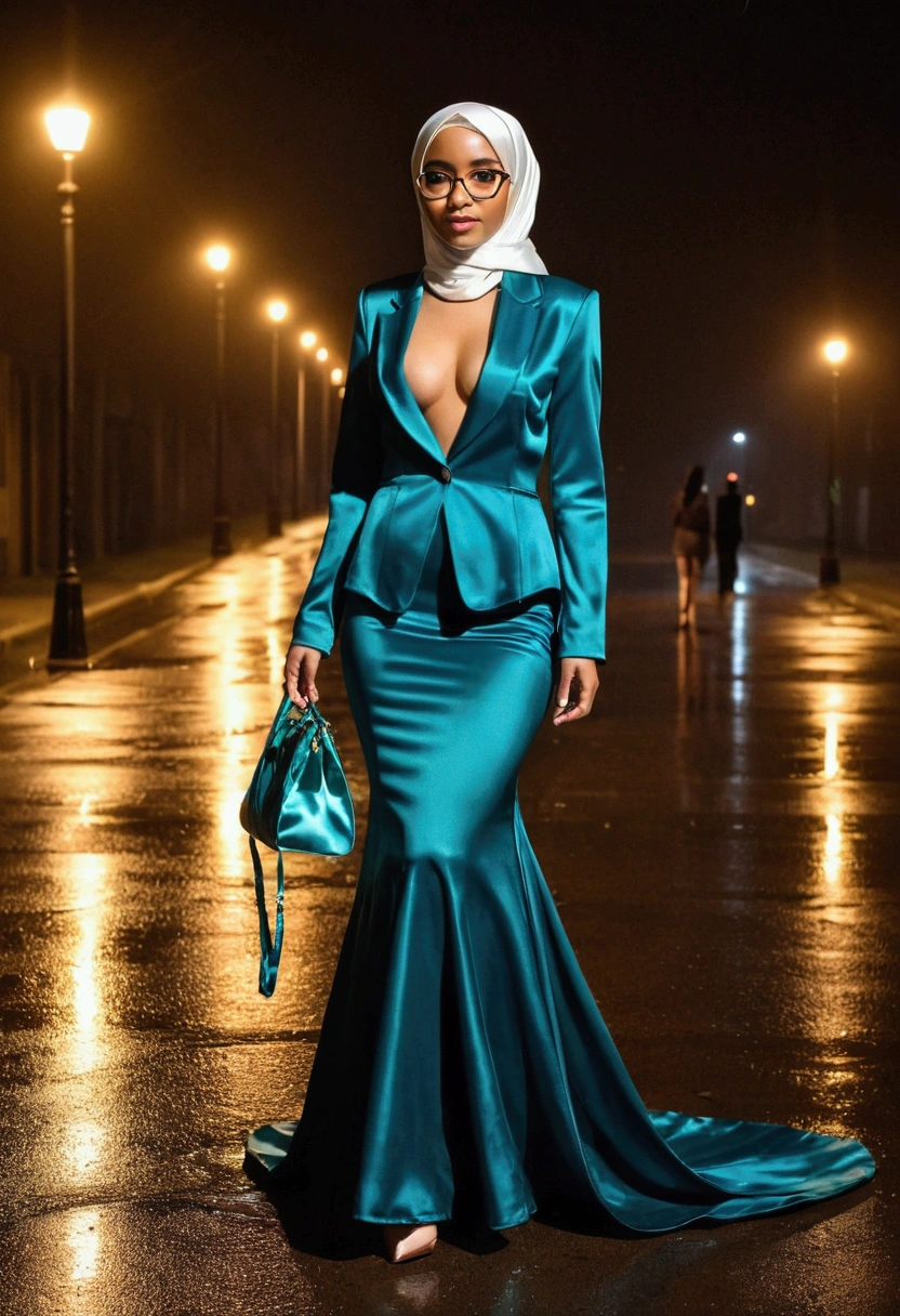 a woman in the night gown, wear blazer,carry a bag,wearing glasses,look at camera, modern hijab, full body, long satin,mermaid tight long gown, flowy dramatic long gown, tall women, under the night rain, wet ,under street lamp, walk in hurry, wear high heels, masterpice.