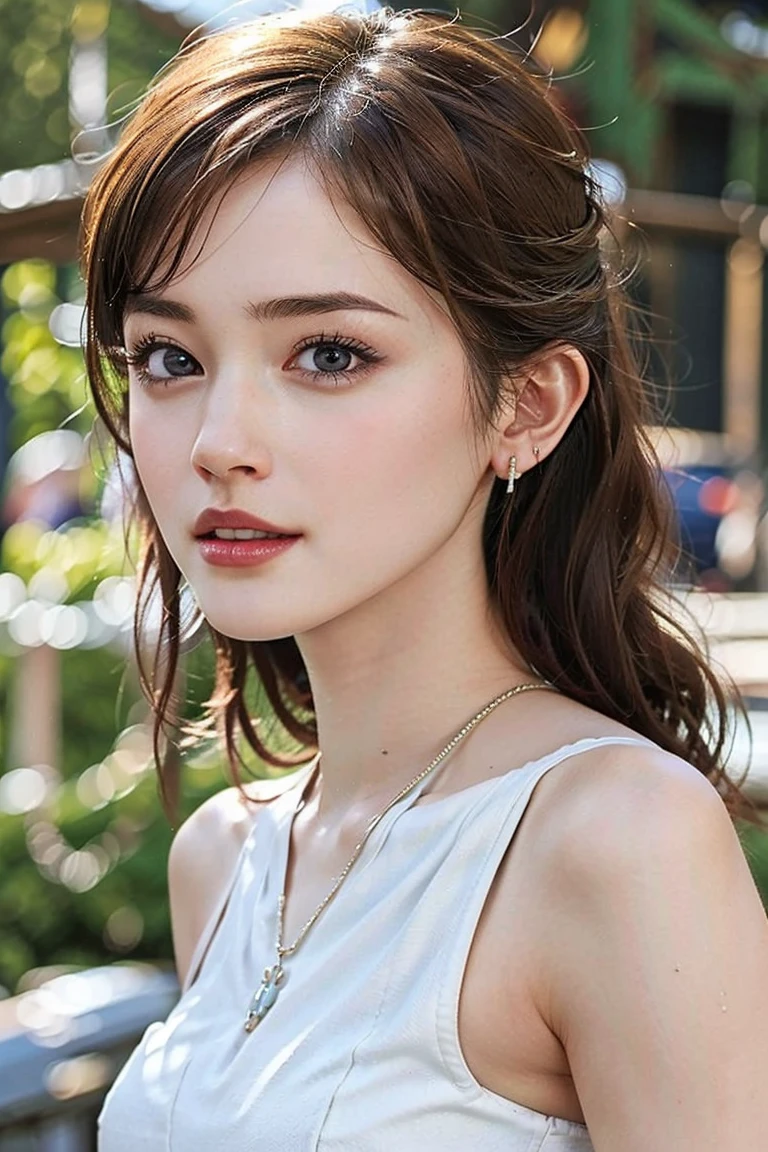 (Preserve face images), pale face:1.3、Super thin face:1.3, (very big eyes:1.5)、 (blown eyes:1.5), master piece、8K, {highest quality}, {{masterpiece}}, {very delicate and beautiful}, outstanding light and shadow, highly detailed wallpaper, clear and bright sunlight, (((Full body))), 1 girl, blush、(薄い茶colorの髪), strong sunlight, ((a strong light shines on your face)), color々A pose:1.5, necklace、ring、earrings、BREAK (( (コージーラウンジ), オーバーサイズの白いクロップトップ, ミニスカート, ):1.3), (ダイナミックアングル:1.5), (white fringe trim:1.4), ((bateau neck, collarbone):1.3), (sandals with heels:1.2) ,(大きく口を開けて笑う:1,5),