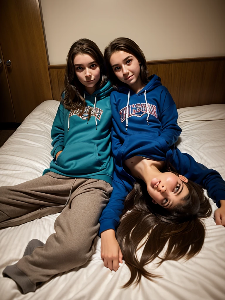 (conjoined_dicephalus), (2heads), 19-year-old girl, long messy brown hair, blue eyes, wearing a hoodie and sweatpants, laying on a bed, in a college dorm, exhausted