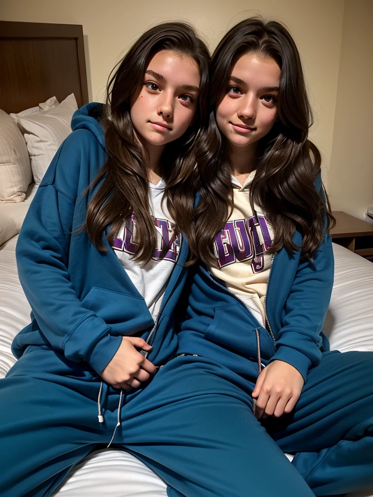 (conjoined_dicephalus), (2heads), 19-year-old girl, long messy brown hair, blue eyes, wearing a hoodie and sweatpants, laying on a bed, in a college dorm, exhausted