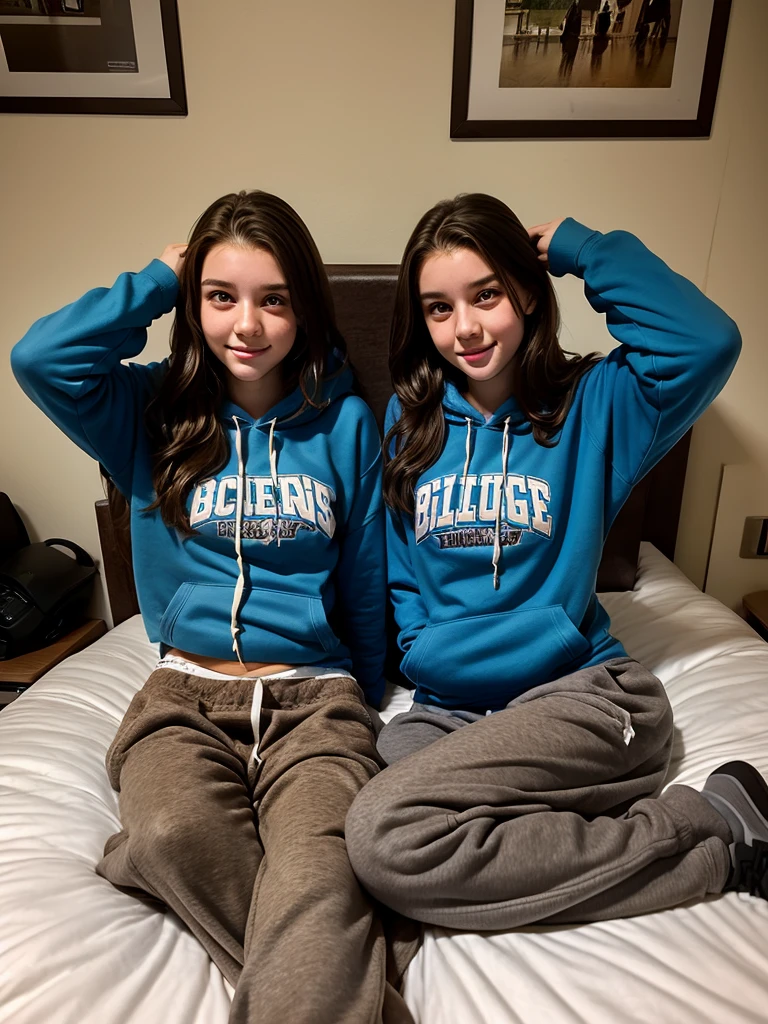 (conjoined_dicephalus), (2heads), 19-year-old girl, long messy brown hair, blue eyes, wearing a hoodie and sweatpants, laying on a bed, in a college dorm, exhausted