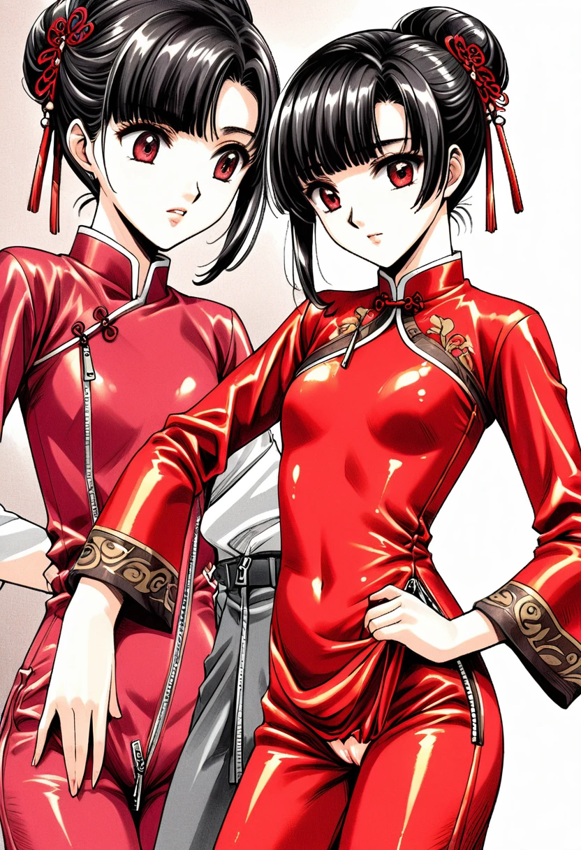 Period drama manga style　A 15-year-old super beautiful Chinese young lady with black hair in a bun cut wearing a super shiny red long-sleeved Chinese dress　She is wearing red long-sleeved pants with a zipper at the crotch.　Her pants were unzipped and her pussy was exposed