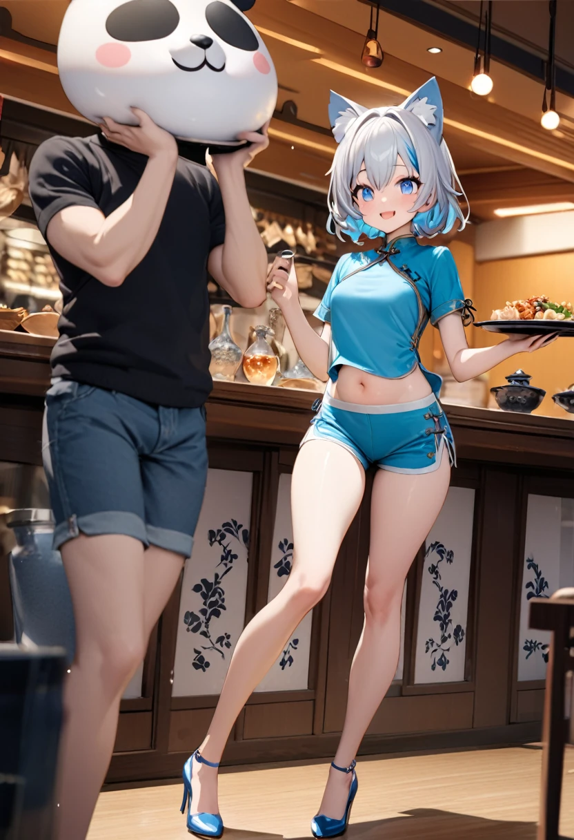 Cat ear：2.0、((masterpiece)),((Highest quality)),(Super detailed),(figure),((Very delicate and beautiful)), 1girl、((smile、Sparkling Blue Eyes、Cat ear：2.0、Silver Bob Hair：2.5))､I can see your belly、Chinese style short sleeve，Don't go up and down、Chinese style shorts、Alluring expression，An inviting body、Hot flashes、Small breasts，Sidetiletto heels、Holding a tray with a panda on it、Walking around the store、Colorful、Inside a Chinese restaurant、