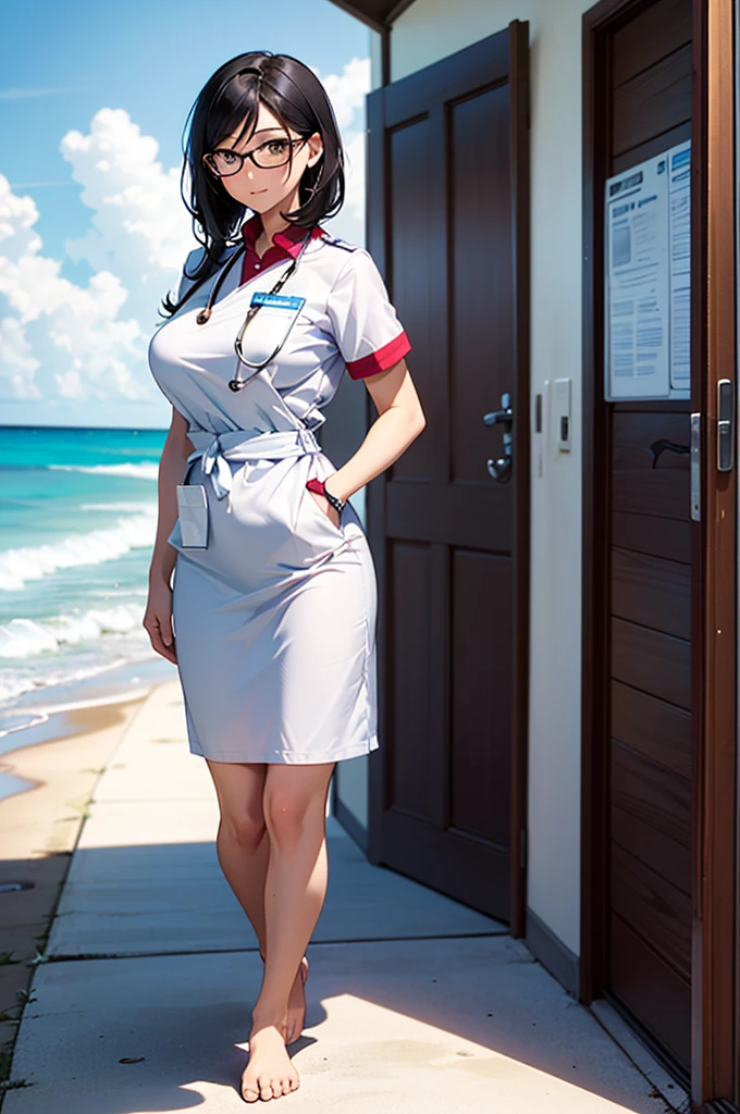 Full character(from head to foots), a woman with white skin, black hair and brown eyes that uses a nurse uniform and glasses stepping next to an beach