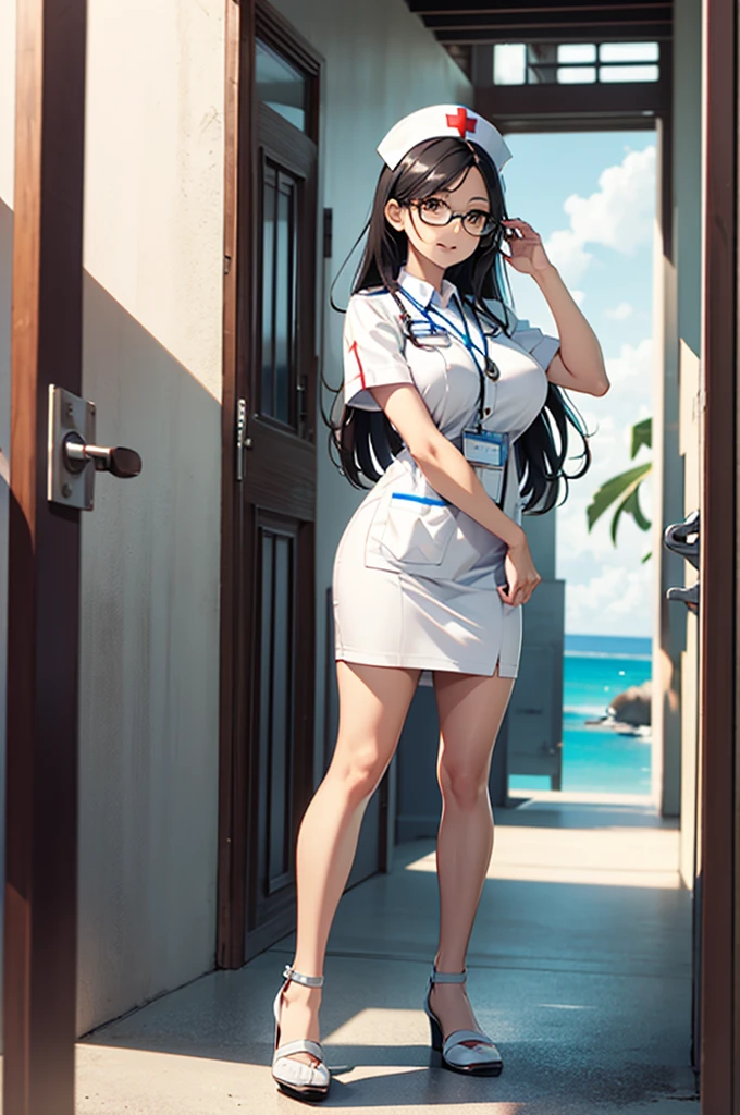 Full character(from head to foots), a woman with white skin, black hair and brown eyes that uses a nurse uniform and glasses stepping next to an beach