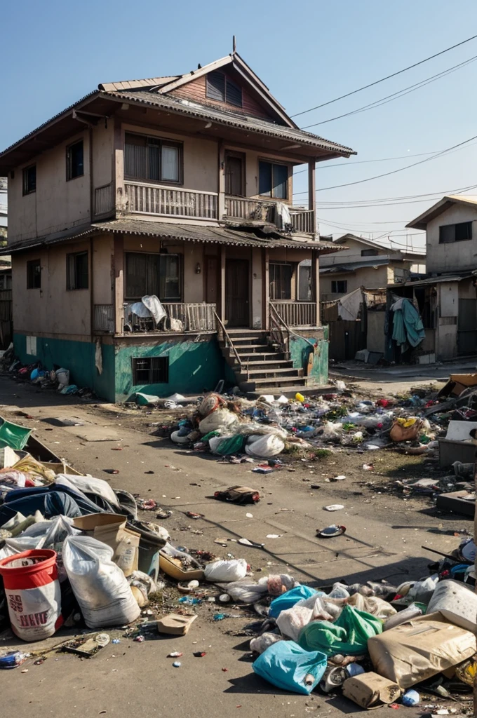 Image of a house with a lot of garbage and people sick from pollution