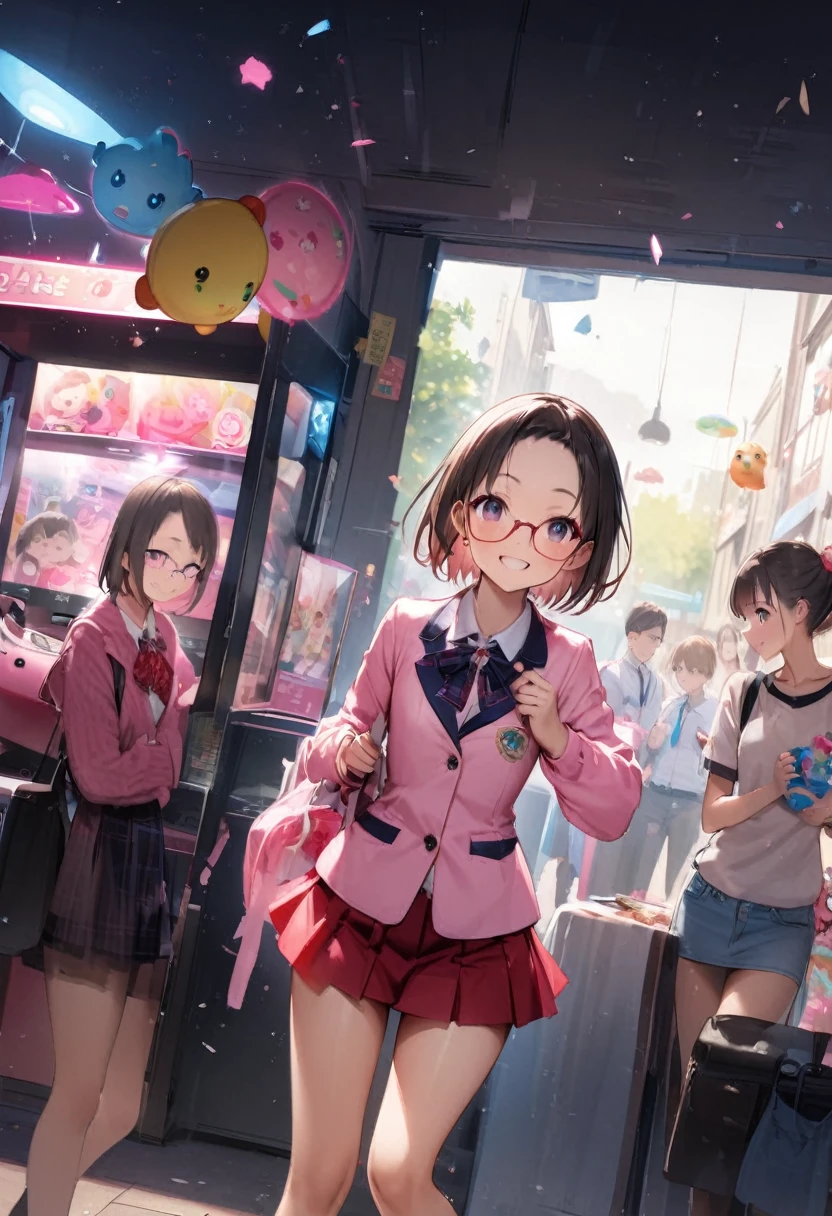Panty shot、arcade、game machine、Game bench、UFO Catcher、Purikura、Date、Fashionable glasses、forehead、mini skirt、Girl、Girl、Short、Younger、、Baby Face、flat ch、Dynamic Angle、masterpiece、best quality、ultra-detail、There are customers around、I'm making a mess、Clothing
