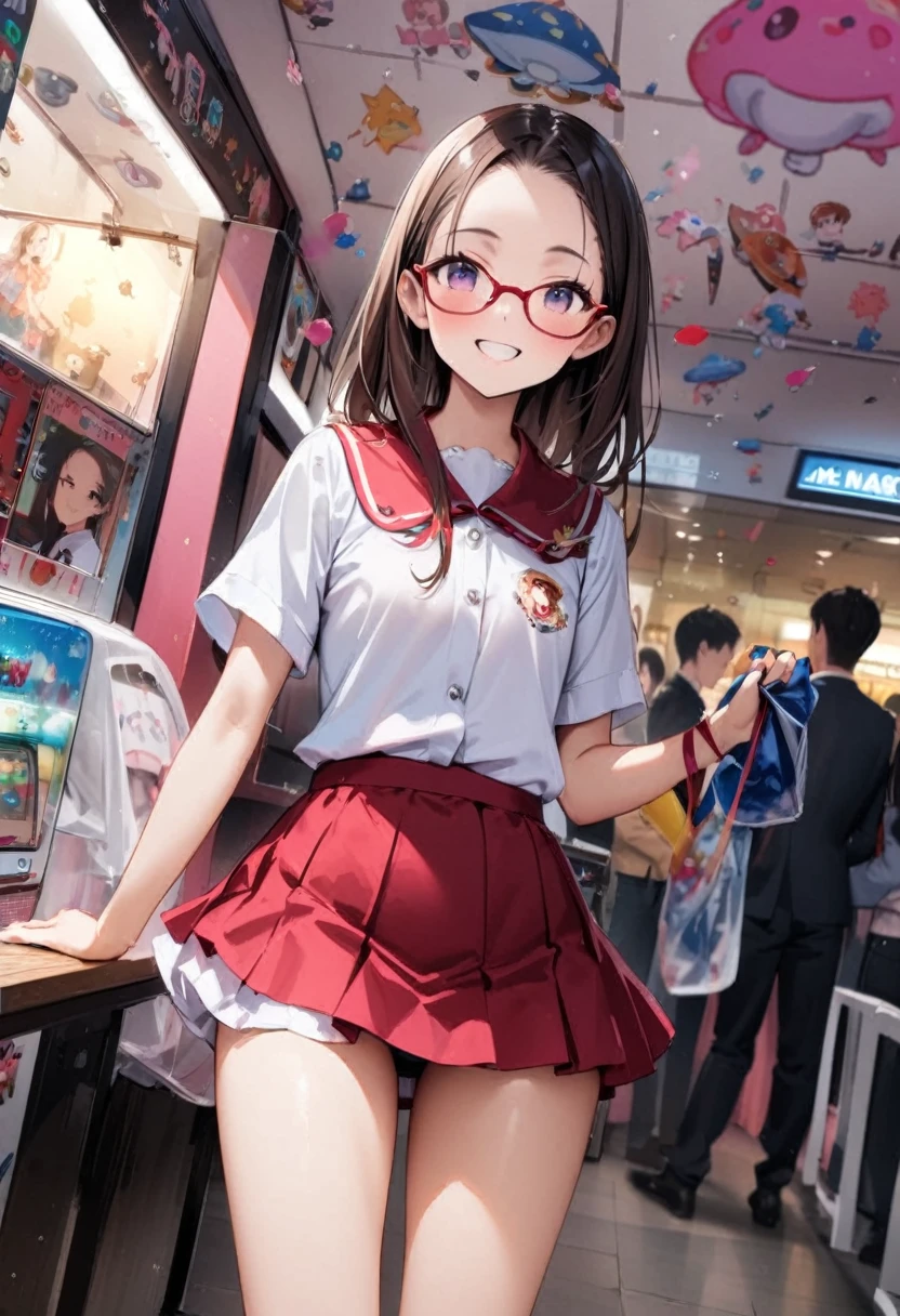 Her miniskirt flutters and her panties are visible、Panty shot、arcade、game machine、Game bench、UFO Catcher、Purikura、Date、Fashionable glasses、forehead、Girl、Girl、Short、Younger、Lower school year、Baby Face、flat chest、smile、Dynamic Angle、masterpiece、best quality、ultra-detail、There are customers around、I'm making a mess、Clothing、school bag、Chairman
