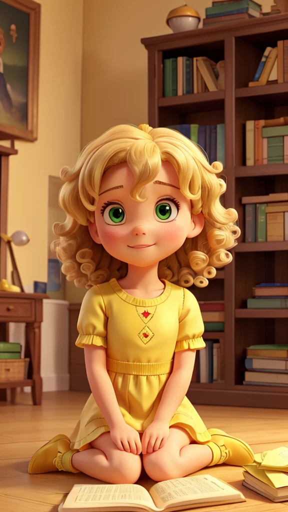 blonde curly hair, greeneyes, wearing a little yellow dress, short socks, yellow sneakers, sitting reading a history book