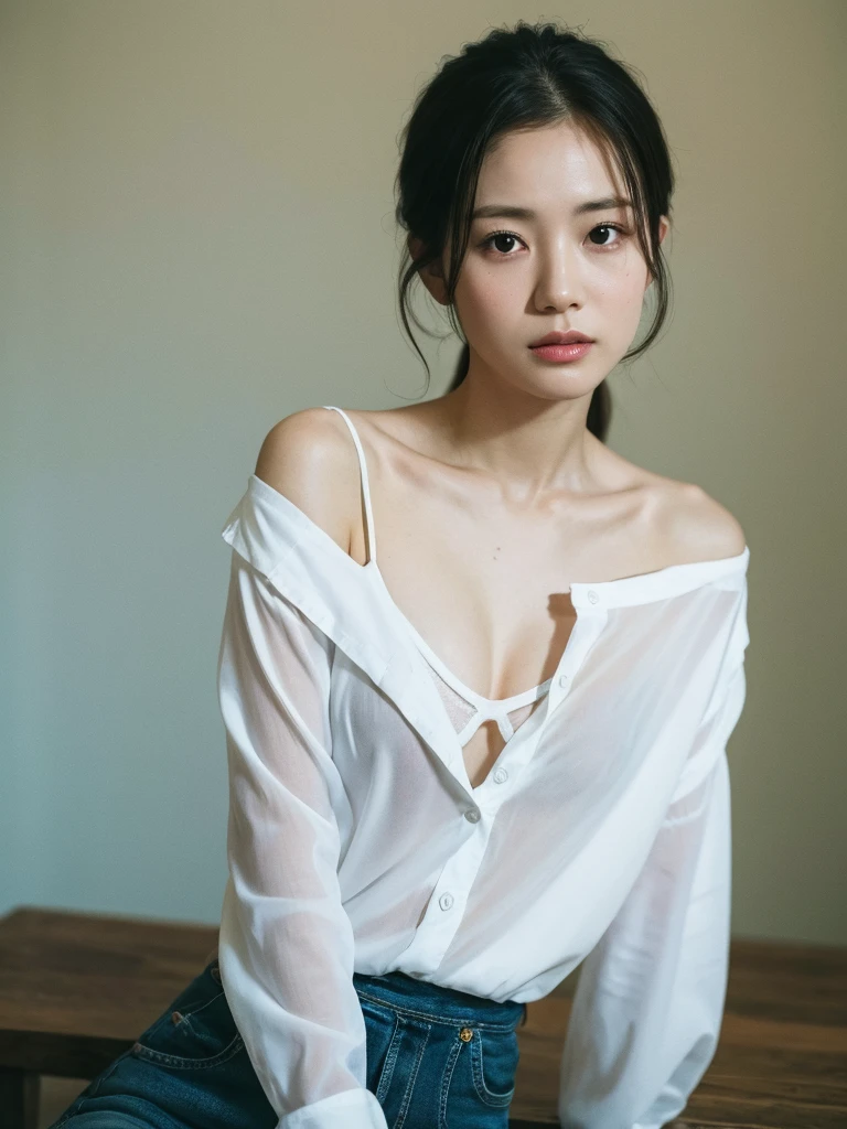((Highest quality, 8K, Ultra-high resolution)), ((masterpiece: 1.3)), (Perfect appearance), (Photorealism: 1.6), (JMA), (KE), (Mature Woman:1), ((Portraiture:1.5)), Cross Arm, Wet white shirt, melancholy, In the room. 40 year old asian woman wearing old thin shirt with high V. The shirt was open at the front.Her shirt was hanging off one shoulder、I wasn't even wearing underwear.。 (masterpiece), Highest quality, Expressive eyes, Perfect Face