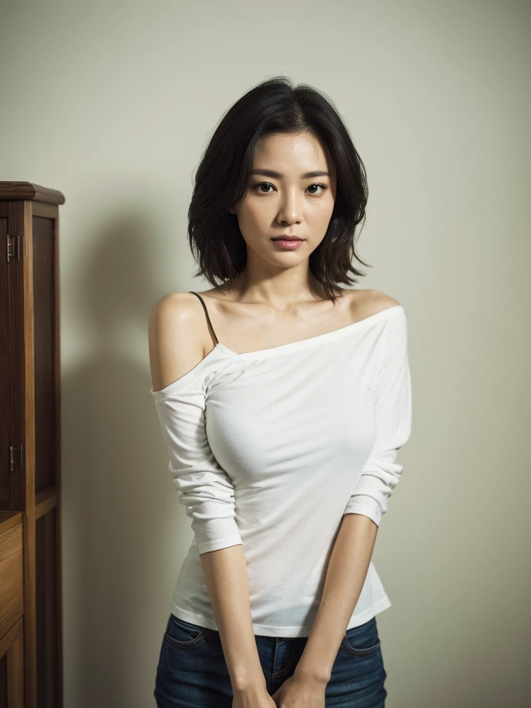 ((Highest quality, 8K, Ultra-high resolution)), ((masterpiece: 1.3)), (Perfect appearance), (Photorealism: 1.6), (JMA), (KE), (Mature Woman:1), ((Portraiture:1.5)), Cross Arm, Wet white shirt, melancholy, In the room. 40 year old asian woman wearing old thin shirt with high V. The shirt was open at the front.Her shirt was hanging off one shoulder、I wasn&#39;t even wearing underwear.。 (masterpiece), Highest quality, Expressive eyes, Perfect Face