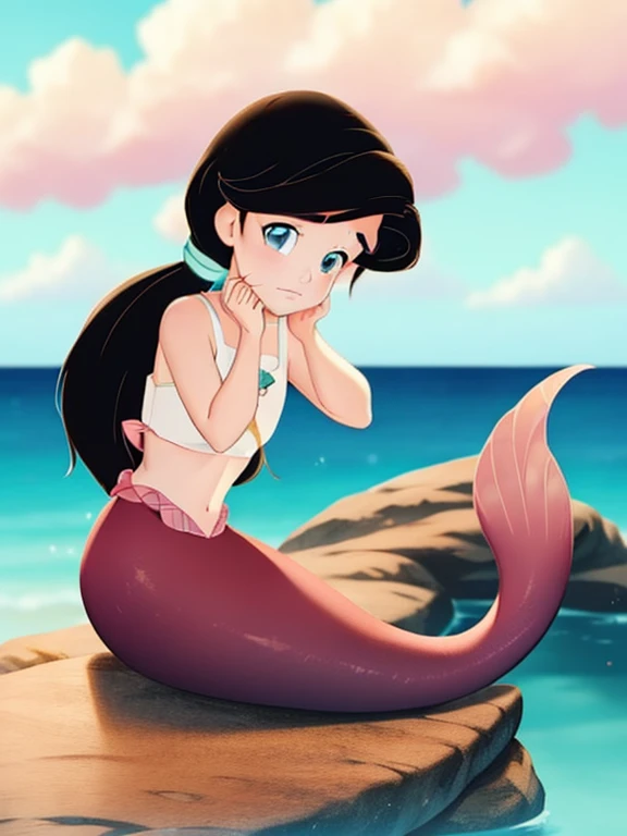 5 ********* mermaid, mermaid tail below waistline, black long hair, twintail, bra, (masterpiece), (incredible detail), 4k, (1boy),  best quality, incredible detail, 4k, masterpiece, melody, looking at viewer,