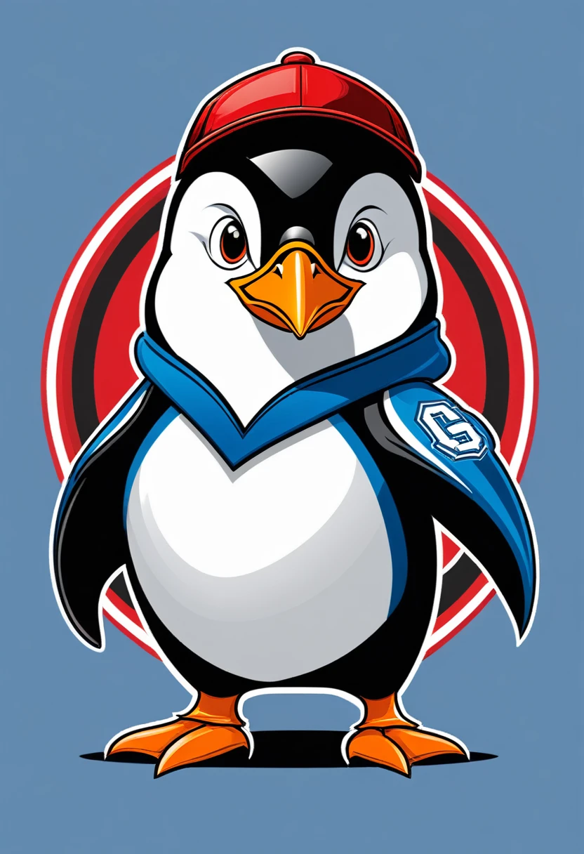 Create a logo for a sports team featuring a cool penguin in an action pose, wearing a sports jersey and a cap. The penguin should look energetic and dynamic. Incorporate team colors like red, black, and white.
