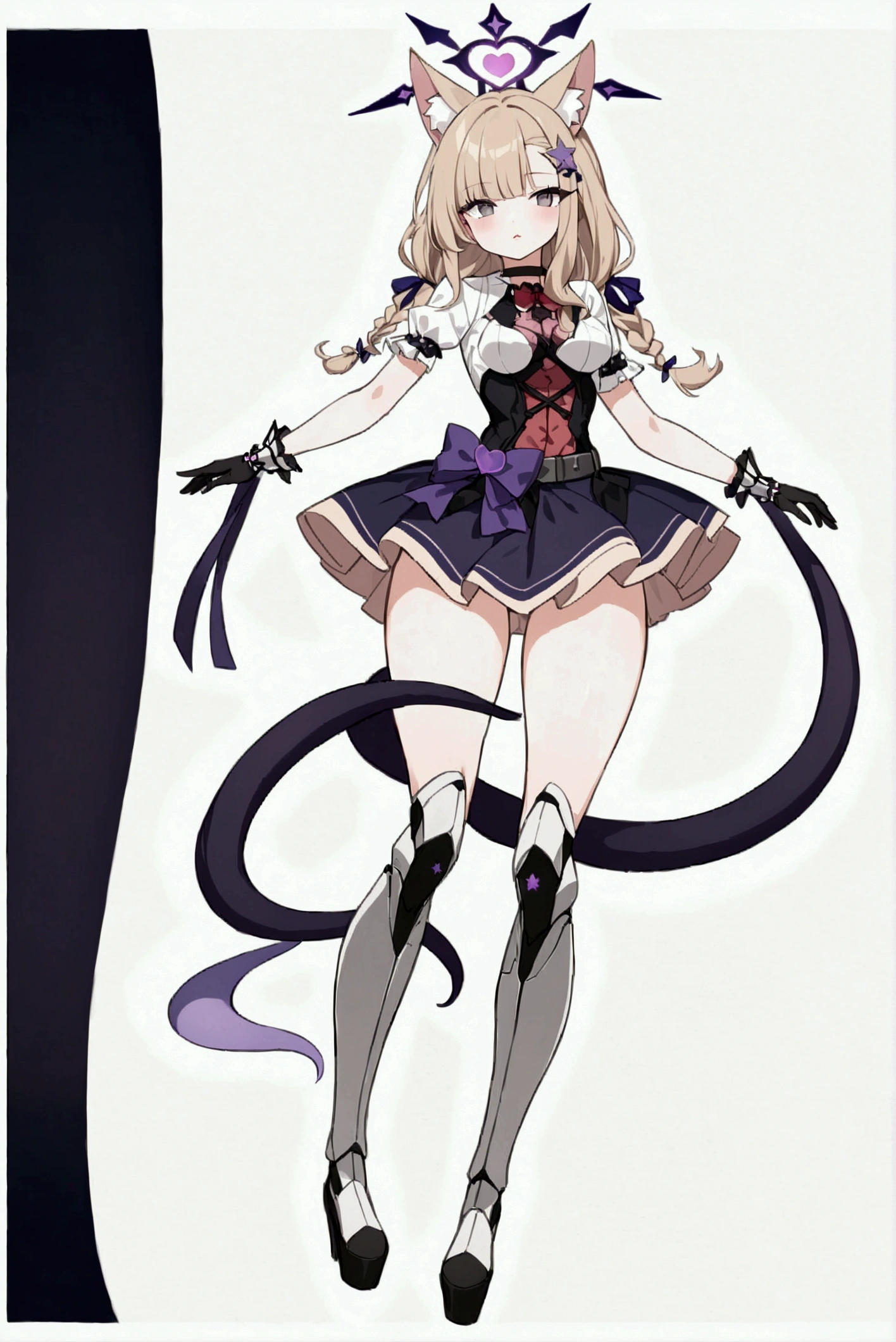 woman 170 cm tall, medium chest, wide hip, slim build, charming look, ((whole body)), (((character design sheet: front view))), (dark blonde hair), ((hip length wavy hair, asymmetrical bangs, star hairpin)), (She has a short braid tied with an elegant purple ribbon on the left side of her hair above her chest), (She has a short braid tied with an elegant purple ribbon on the right side of her hair above her chest), She has small hair bows in the back of her hair), ((Gray eyes with a pink 4-pointed star in the pupil)), (Two black and purple fox ears located on the top of the head), (Luminous black horizontal halo with purple star patterns above head), He has a black collar with a heart emblem on his neck., (Elegant long one piece dress, Thigh-length lace and ruffle skirt, large bow at the back of the hip, ribbon decorations and star patterns on the dress), black ruffled gloves, Black platform heels, gray belt at the waist with a large ribbon with a luminous pink heart in the middle, ((It has a detailed succubus tail that ends in the shape of a purple heart)), (((It has complex mechanical legs that reach up to the thighs and are black with small purple details.))), beautiful detailed hair, beautiful detailed dress, extremely detailed arms, extremely detailed face, small face, Beautiful detailed eyes, beautiful detailed lips, adorable, extremely detailed legs, (Best Quality, 4k, high resolution), ultra detailed, Exquisite and epic character art, ((White background)), (Focus on symmetry).