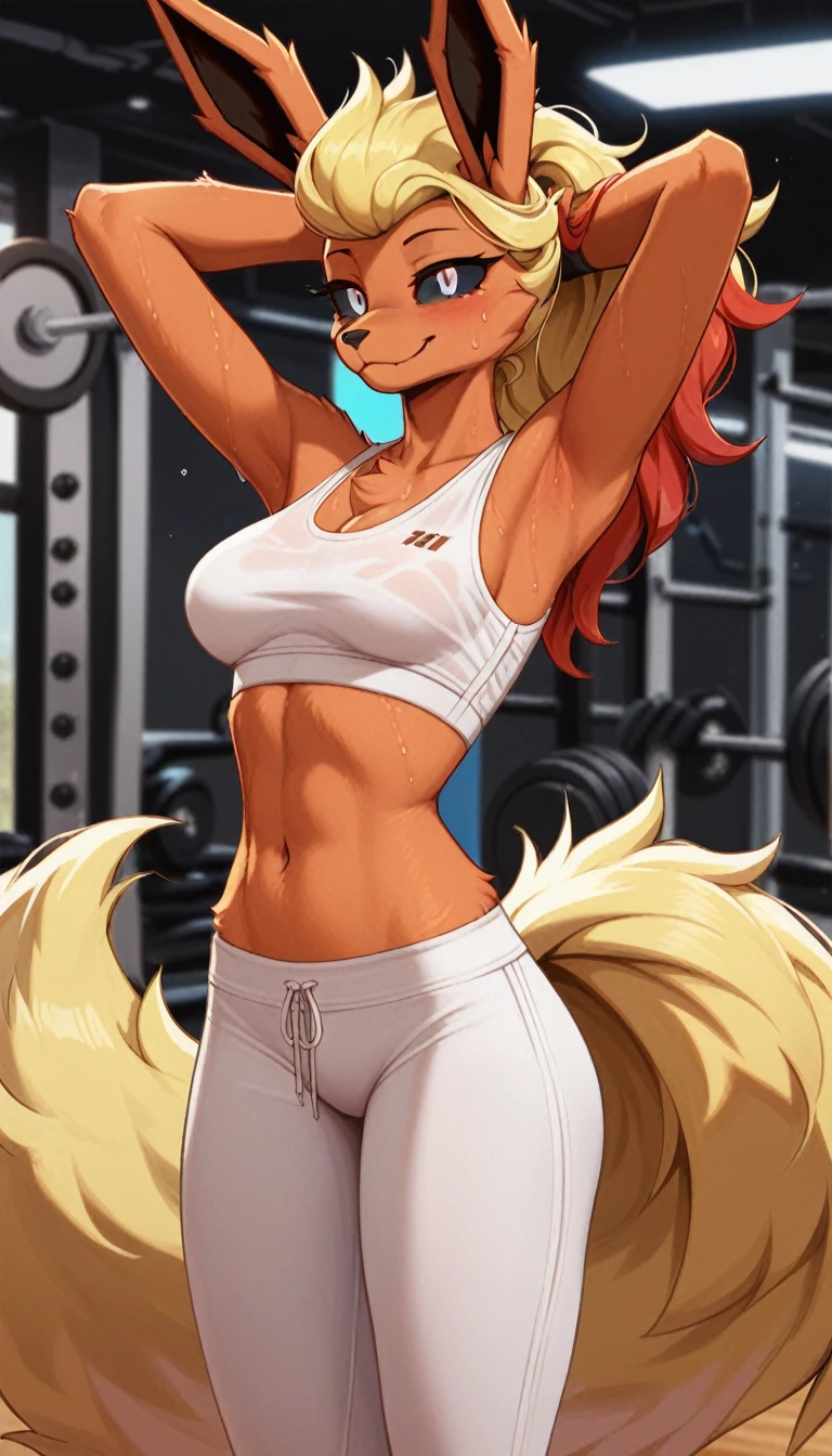 Excited expression, 1girl, anthro, furry, fur, fluffy fur, flareon girl, yellow hair (red highlights), black sclera, white eyes, pony tail hair, Messy hair, (19 years), medium breast, thicc thighs, solo, (gym), detailed, smug smile, white sports top, white sport pants, (sweating), arms up (arms stretching), score_9, score_8_up, score_7_up, score_6_up, score_5_up, score_4_up