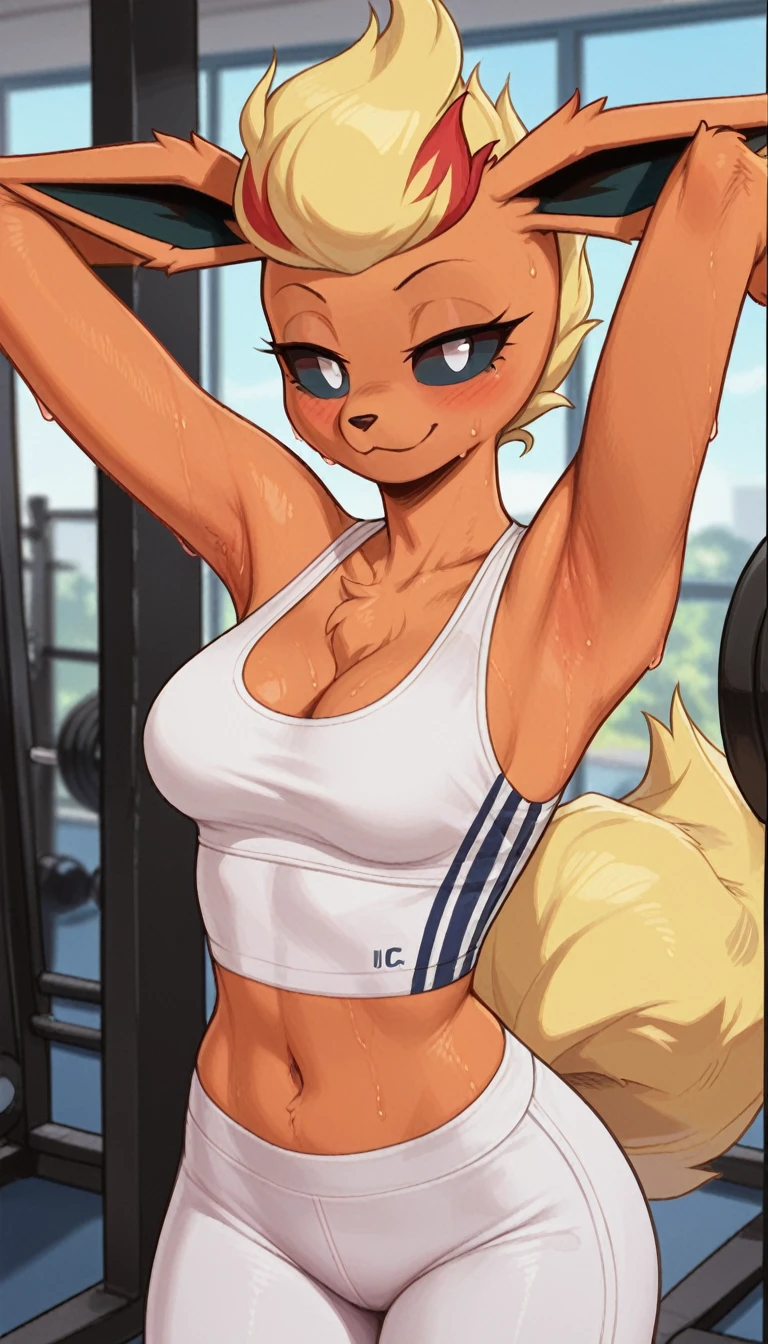 Excited expression, 1girl, anthro, furry, fur, fluffy fur, flareon girl, yellow hair (red highlights), black sclera, white eyes, pony tail hair, Messy hair, (19 years), medium breast, thicc thighs, solo, (gym), detailed, smug smile, white sports top, white sport pants, (sweating), arms up (arms stretching), score_9, score_8_up, score_7_up, score_6_up, score_5_up, score_4_up