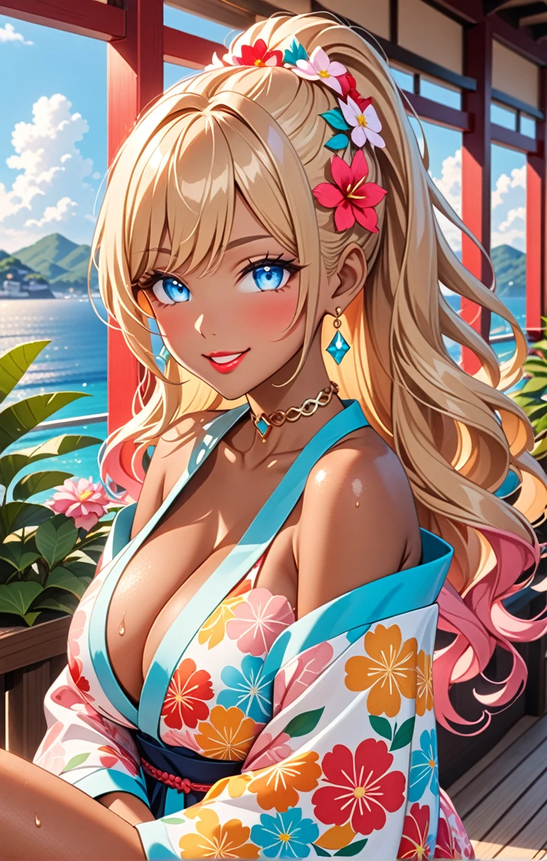 ultra-detailed, ((one girl)), (portrait), ((tan skin:1.4)), in pastel colors gyaru, (heavy makeup),  hyper detailed, absurdres, 8K, Beautiful Face, (Laugh shyly), ((teasing smile)), ((sweat)), ((Wink:1.5)), (Laugh with your mouth wide open),((Tilt your face:1.6)), View your viewers, ((Bright red cheeks:1.6)),Glossy Red Lips, ((huge breasts:1.4)), ((undressing:1.2)),noon, summer, Terrace with sea view,Foliage plant, ((Anime style background)),masterpiece, Highest quality, so beautiful,Latest, Complex details, ((Long neon pink nails)), (nail art), (ring),(bracelet), (Floral Choker),AI-generated, Complex,High resolution, Highest quality, super high quality,3D Images、3D Images,One person,Blonde long hair,(High Ponytail), (wavy hair:1.3), Blonde anime woman posing for a photo, ((Fine grain、blue eyes、glowing eyes:1.4)), (Squint your eyes:1.1),a hyperRealistic , hyperRealistic , Realistic,Anime woman with long pastel yellow hair, Smooth anime CG art, A girl in a gorgeous pastel-colored kimono,  ((Pastel-colored furisode)),(Pink large floral pattern), Long flower hair ornament,big hoop earrings, Mature Body, tall,Narrow waist,((looking forward:1.3)),  ((hand between legs:1.3)), from side, ((upper body)),