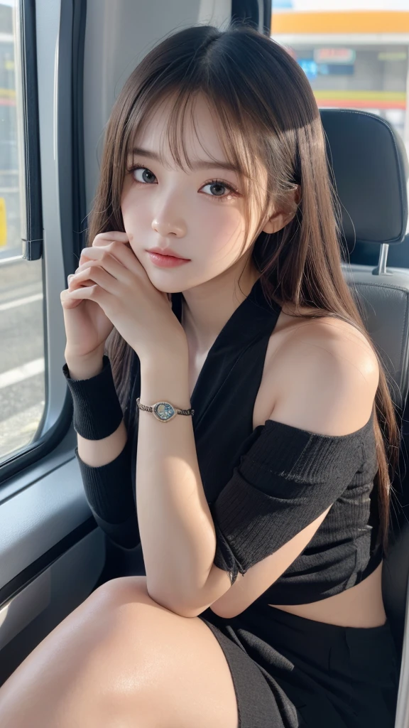 in 8K，photos realistic (1 Cute Korean Idol ) low-tied long hair, Thin makeup, Medium chest size, Close-up portrait, nffsw、Punk Girl、Pendants,FULL BODYSHOT、beauty legs、Beautiful legs、16-year-old 、She's looking at this、(Super beautiful girl:1.5)、(A detailed face)、Adult face、Bare legs, thighs、a closeup、full body Esbian、Nasty eyes,woman in a suit and tie sitting on a train, a hyperrealistic , hyperrealistic , pretty face with arms and legs, cute , ((crossed legs:1.7)), young idol,, japanese girl , juicy legs,((legs visible:1.5)),
