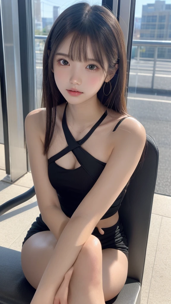 in 8K，photos realistic (1 Cute Korean Idol ) low-tied long hair, Thin makeup, Medium chest size, Close-up portrait, nffsw、Punk Girl、Pendants,FULL BODYSHOT、beauty legs、Beautiful legs、16-year-old 、She's looking at this、(Super beautiful girl:1.5)、(A detailed face)、Adult face、Bare legs, thighs、a closeup、full body Esbian、Nasty eyes,woman in a suit and tie sitting on a train, a hyperrealistic , hyperrealistic , pretty face with arms and legs, cute , ((crossed legs:1.7)), young idol,, japanese girl , juicy legs,((legs visible:1.5)),
