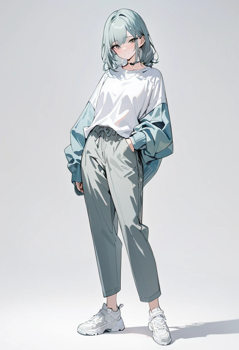 (Masterpiece, highest quality: 1.2, 8K), center, full body, one girl, shirt in neutral color, pants in neutral color, cool casual fashion, simple sneakers, simple background, pure white background #fff fff, eyes open 20 year old adult with delicate eyes