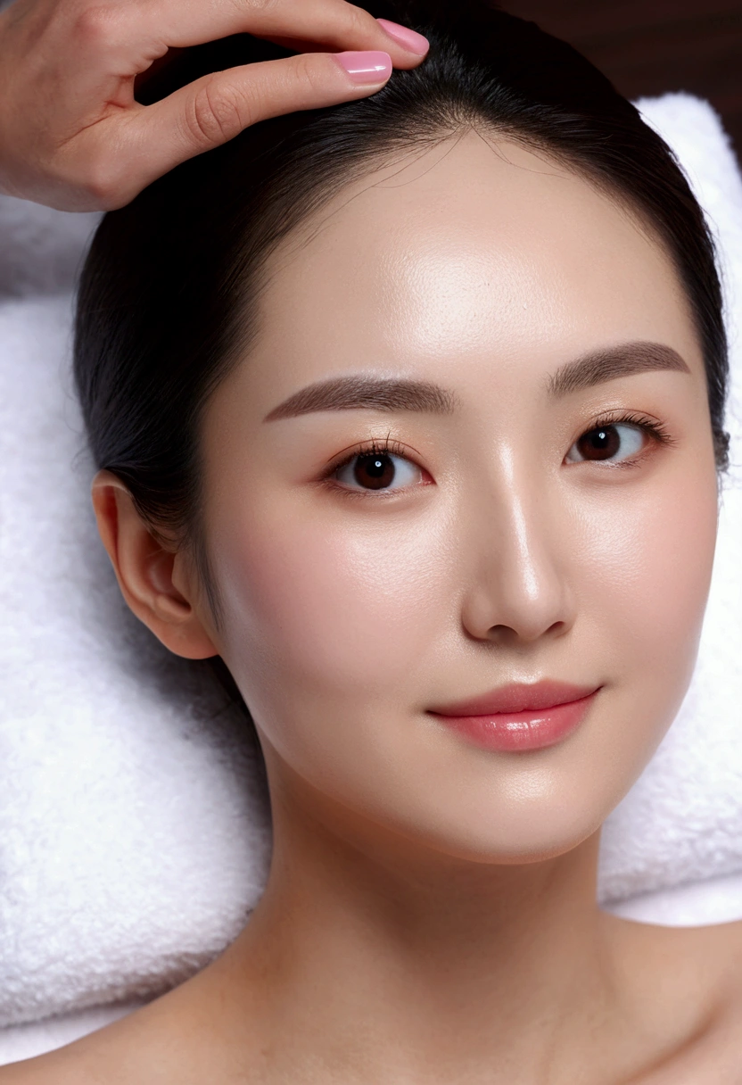 ((Best Quality, 8K, Masterpiece:1.3)), pov from side, Focus on face: 1.2, Highly Detailed Face and Skin Texture, Fine Eyes, Double Eyelids, Whitening Skin, Long Hair, (Shut Up: 1.3), Smile, lying down having facial treatment in spa