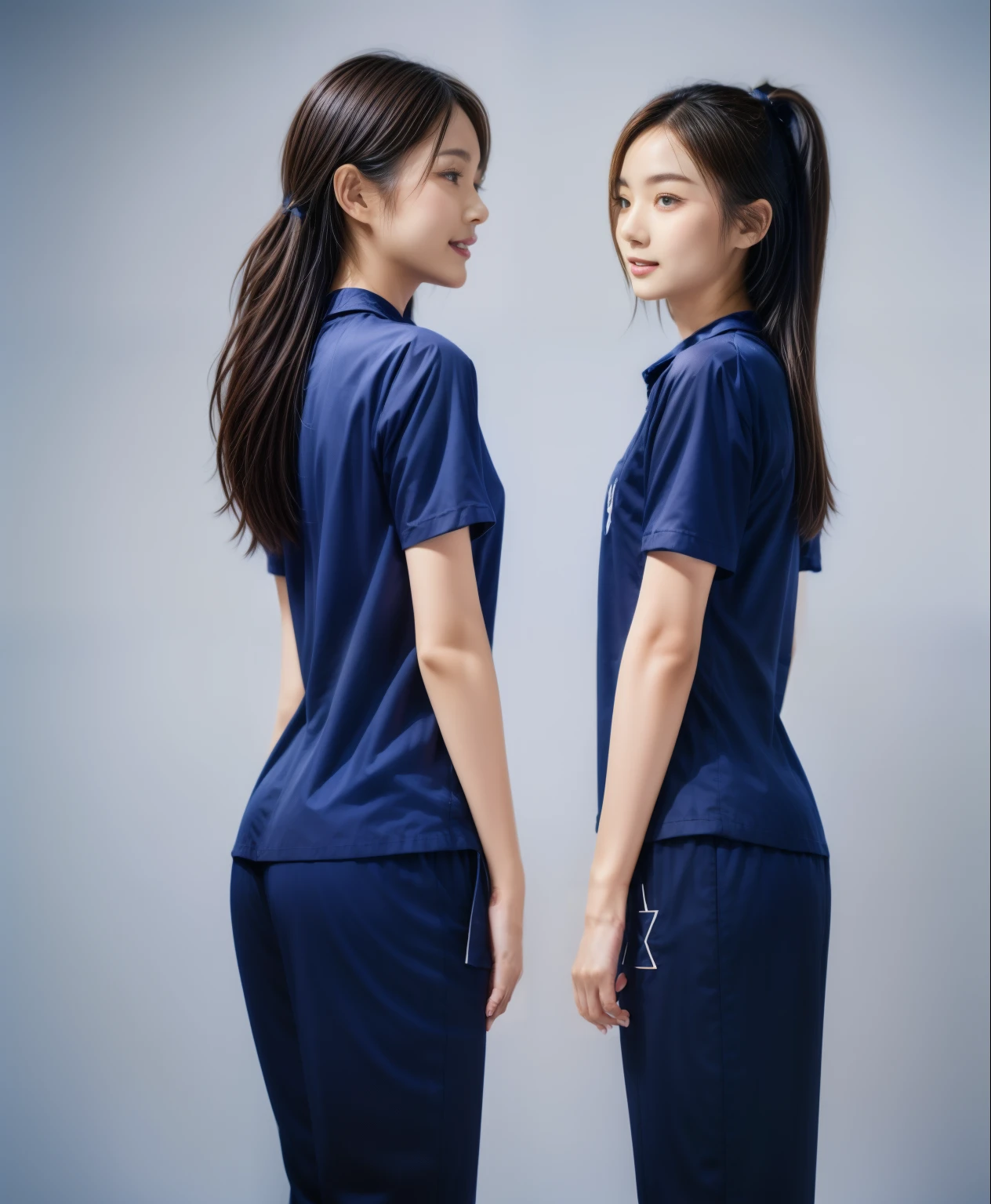 (best quality,10,10,height,Masterpiece:1.2),Special details,(realistic,ภาพrealistic,Realistic photos:1.37),1 Cute girl in the kitchen,shiny, ผิวshiny,only,smile softly,BDclothelue shirt:1.3)),short sleeve,shirt, กางเกงขาlong.,(navy_long_track pants:1.1), ((Kitchen Background)),Dynamic angle,excited,Face focus,dynamic poses,from behind,focus on ass,Masterpiece, best quality, ultra realistic, hyper detail, 8k resolution, raw photos, Sharp focus, ((Navy blue shirt:1.1)), short sleeve, เส้นทางlong, perfect body, 2 mature women, 18 years old, Cinema-grade lighting system,blue sweatpants,shirtผ้าออกกำลังกาย,correct anatomy,perfect body, correct body, Sharp face, correct bodyทางกายวิภาค, full body, realistic gestures, long-haired, realistic poses,Wear long shorts...........................,ช่วงขาlong,Good shape,carved girl, Slender figure, model, Good shape, beautiful body,blue sweatpants, two girls kissing