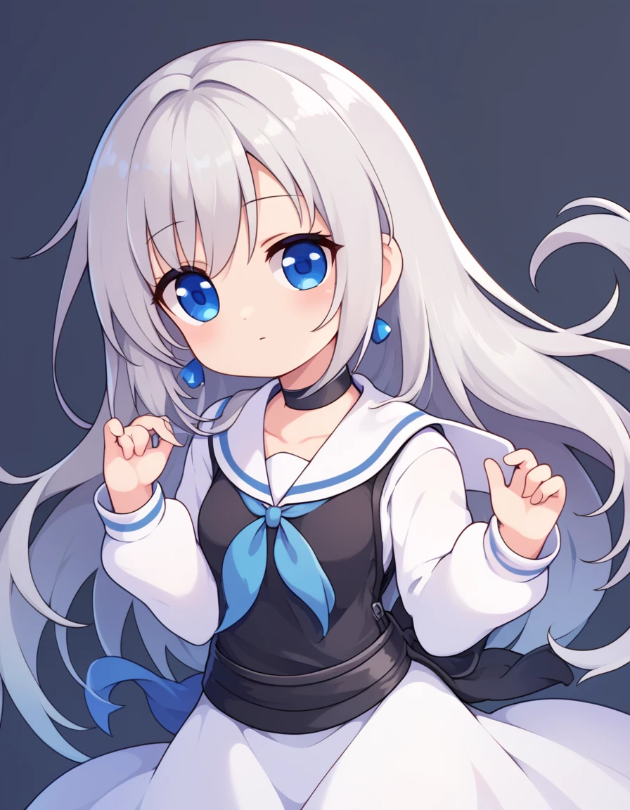 score_9, score_8_consolation, score_7_consolation,1 woman, blue eyes, silver hair, white cloak, white long skirt, choker,long hair, long sleeves, looking at viewer,Shut your mouth, sailor collar, white shirt,skirt, alone, black vest , blue earrings, soft eyes, Timid,quiet
