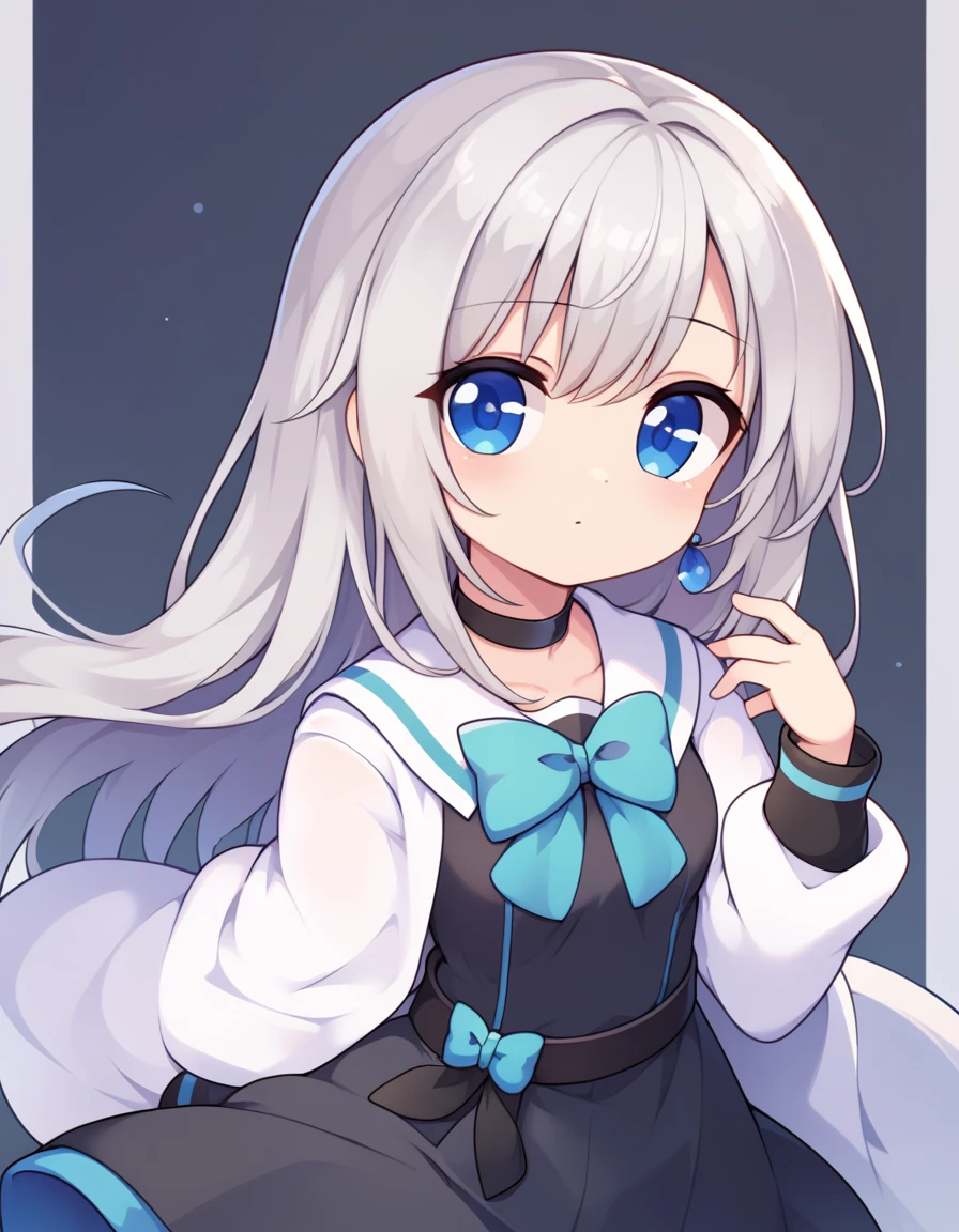 score_9, score_8_consolation, score_7_consolation,1 woman, blue eyes, silver hair, white cloak, white long skirt, choker,long hair, long sleeves, looking at viewer,Shut your mouth, sailor collar, white shirt,skirt,  alone, black vest , blue earrings, soft eyes, Timid,quiet