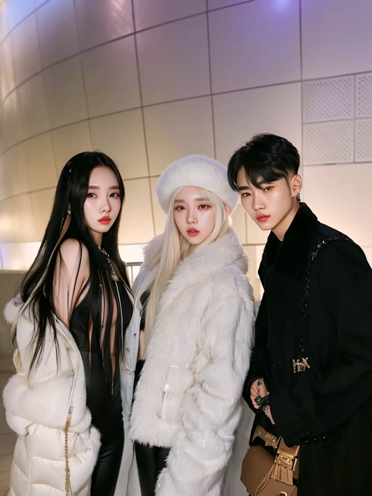 three people posing for a picture in a white fur coat, ava max, ulzzang, profile pic, korean artist, yanjun chengt, xision wu, nixeu and sakimichan, leaked image, lv, jia, kda and sam yang, 8k)), #oc, # oc, luts, with long white hair