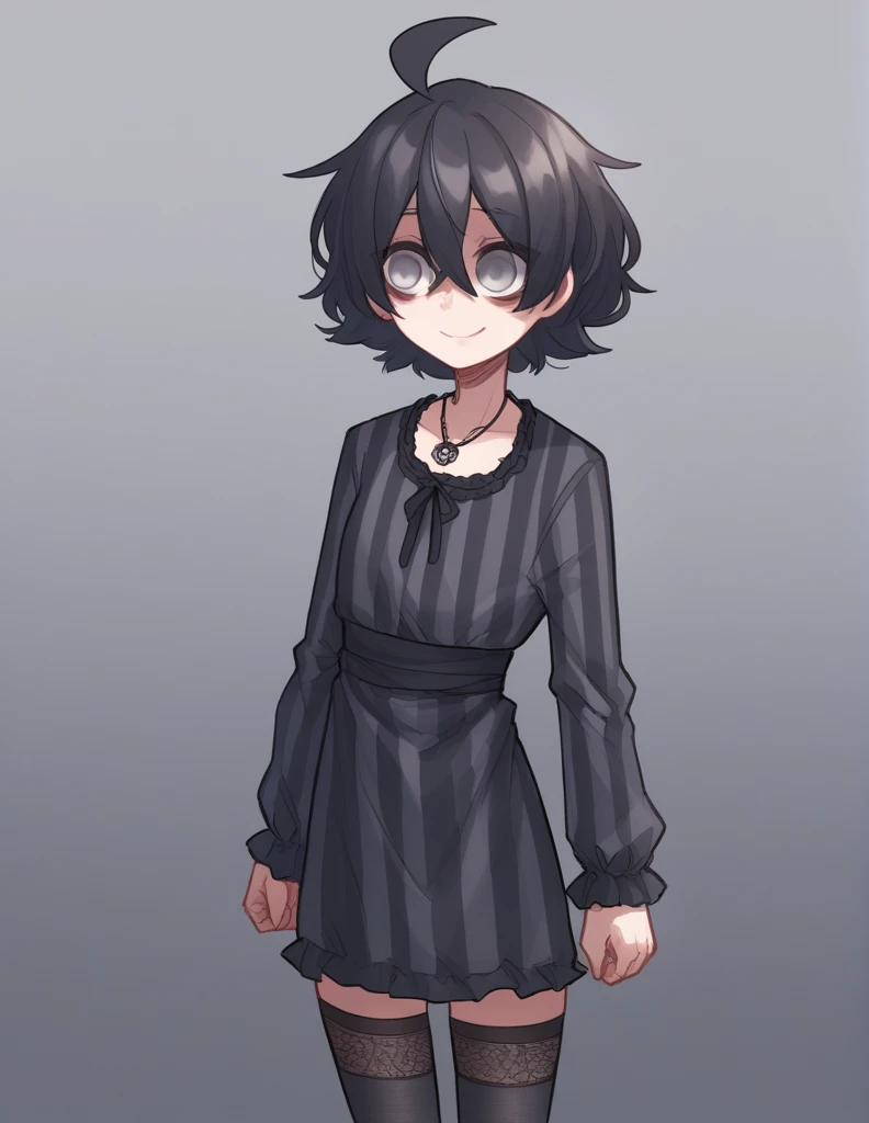 1 girl, alone, ppka, black fur, short hair, messy fur, Ahoge, parts, parts all over the body, grey eyes, empty eyes, blind, nervous, Slight smile, cute look,
gothic, short dress, long sleeve dress, gray dress with black stripes, horizontal striped dress, thigh high stockings, super long stockings, transparent stockings, black necklace, black accessories, gothic, shadows in the eyes, black shadows