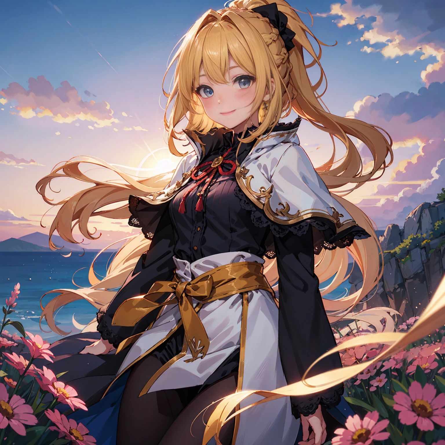 best quality, masterpiece, extremely detailed, detailed background, 1girl, solo, yellow hair, blue eyes, braid, long hair, wavy hair, fluffy hair, ponytail, french braid, blush, smile, capelet, lace trim, bodice, sunset, dusk, scenery, high place, horizon, wind, wind blow, flowerbed, looking at viewer, depth of field, bokeh