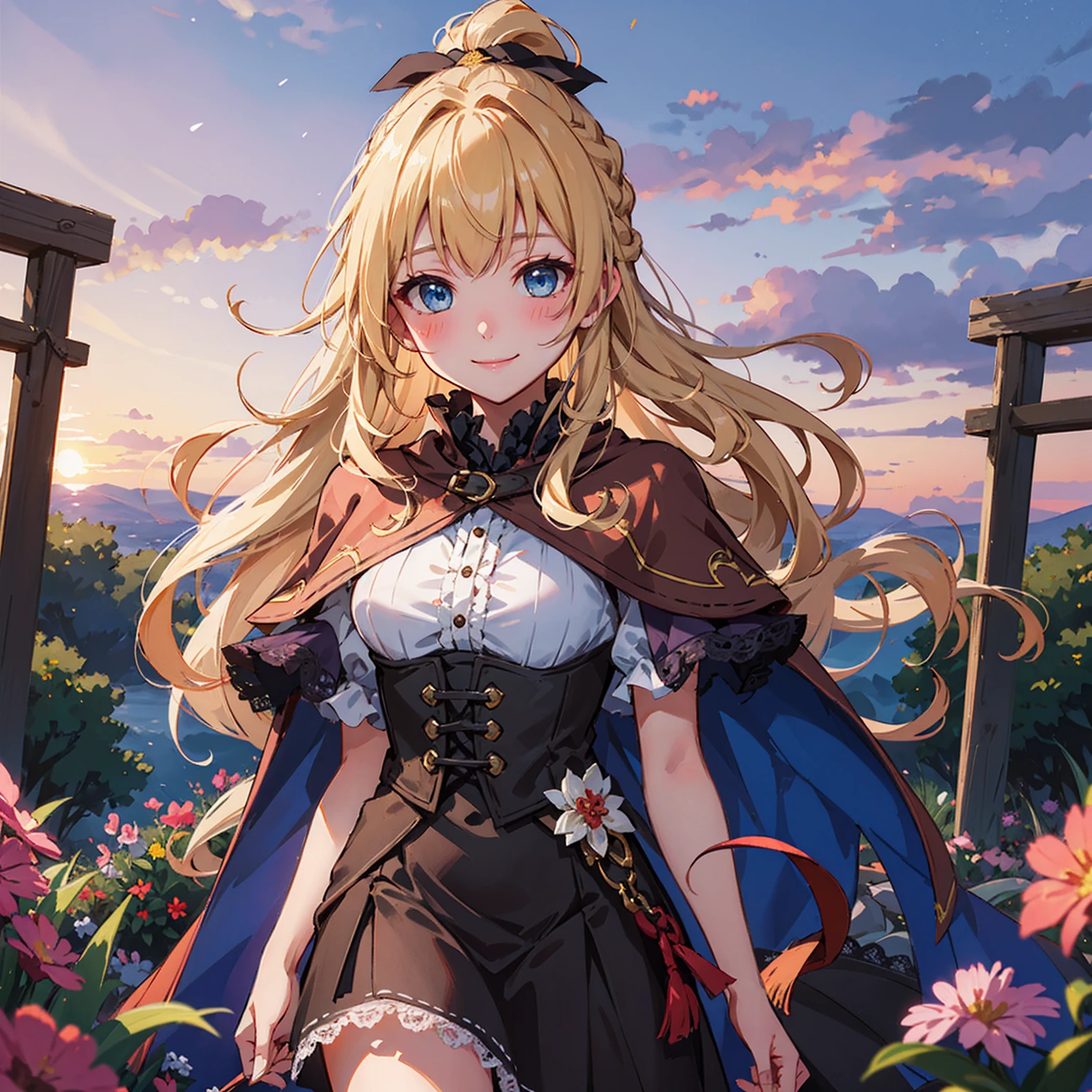 best quality, masterpiece, extremely detailed, detailed background, 1girl, solo, yellow hair, blue eyes, braid, long hair, wavy hair, fluffy hair, ponytail, french braid, blush, smile, capelet, lace trim, bodice, sunset, dusk, scenery, high place, horizon, wind, wind blow, flowerbed, looking at viewer, depth of field, bokeh