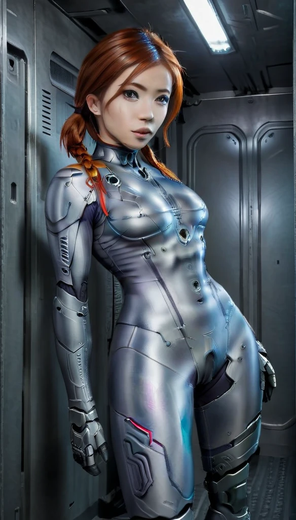 1 Girl、Medium Bust、solo、red Hair、Braid、Mobile Race Suit、Shoulder Armor、ceiling、Wide Shot、Looking Ahead、zipup suit 、Closed Mouth、Highest quality、medium quality、22 years old、Mobile Trace System、cockpit、Asian、CyborgCosplay

