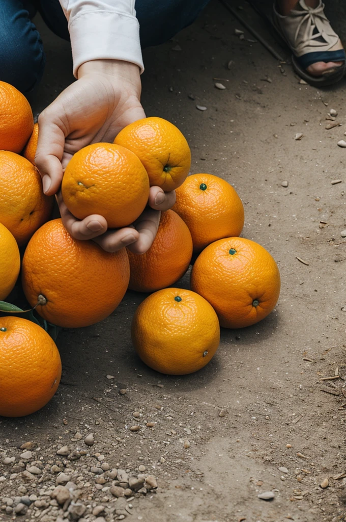 A person collecting an orange fruit