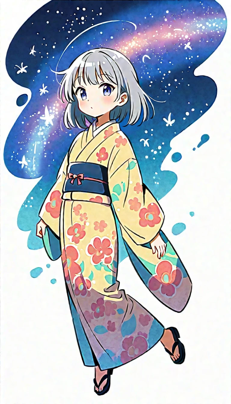 white background, Fujichoco style, kimono, gray hair, Milky Way, simple background,Simple line initialism, 18 year old girl, pretty face, (((The Most Beautiful Girl))), full body,