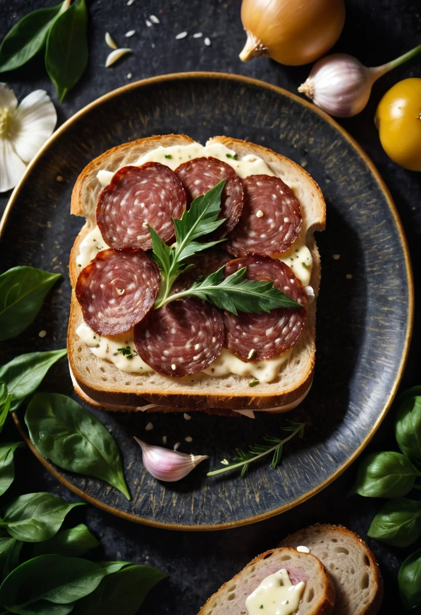 RAW Photography,a gourmet salami sandwich on thin, soggy bread, liberally smeared with mayonnaise, seasoned with salt and pepper. The sandwich is on premium black a golden abstract-patterned plate, framed by a lush array of garlic and foliage es, top view,top-down angle, macro lens, soft natural lighting, warm color palette, focus on textural contrast, bokeh effect on the floral background, a sense of decadence, (sharpness in detail:1.1), Canon EOS 5D Mark IV, masterpiece, 35mm photograph, (iconic photograph:1.4), (visual storytelling:1.2), film grain, award winning photography,vibrant use of light and shadow, vivid colors,high quality textures of materials, volumetric textures perfect composition, dynamic play of light, rich colors, epic shot, perfectly quality, natural textures,high detail, high sharpness, high clarity, detailed ,photoshadow, intricate details, 8k