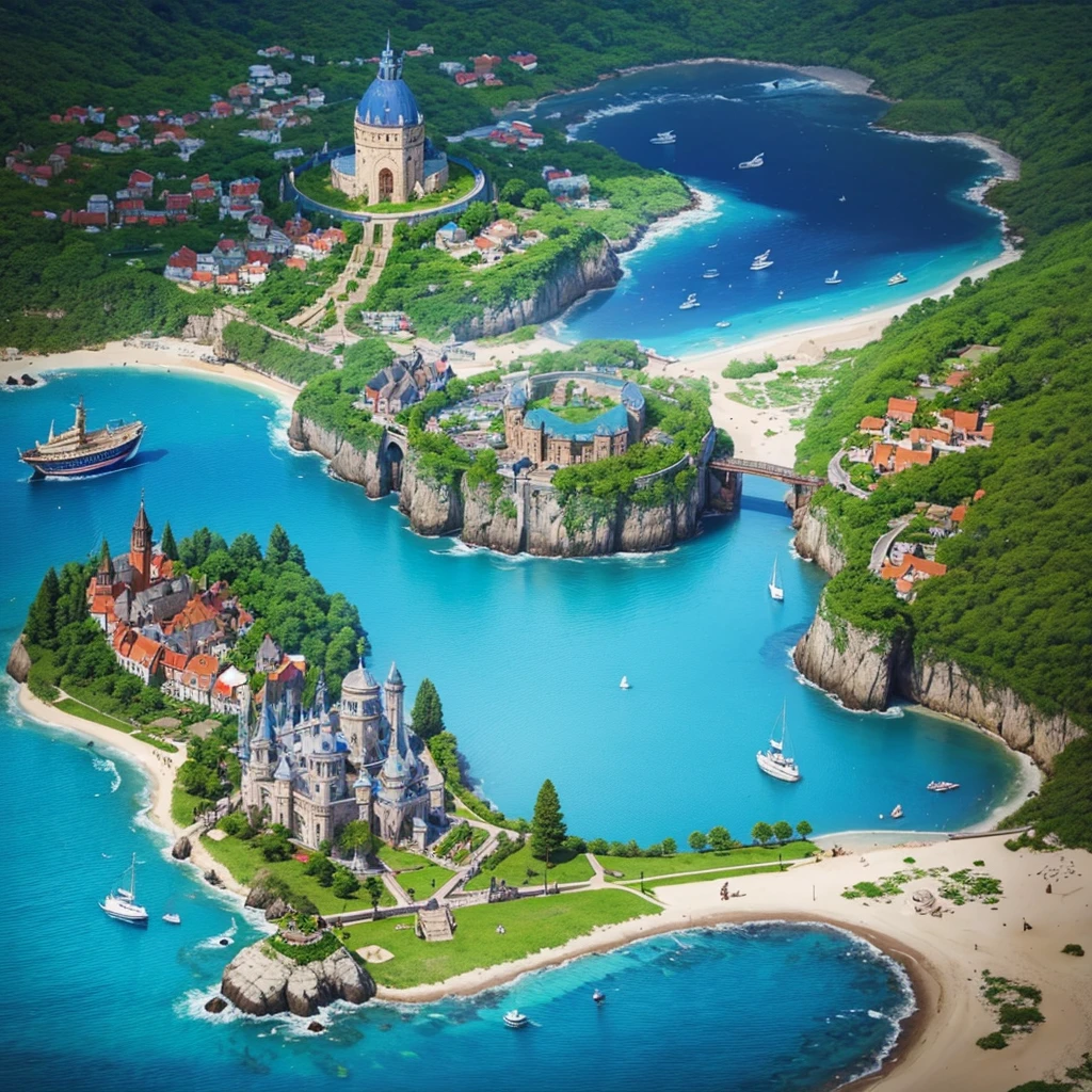 A small magical medieval island city, top-down view, surrounded by walls, houses, various important locations, small wizard's castle, medieval architecture, luminous details, wizard's tower with magical lights, welcoming asylum, vibrant school, robust bank, lively tavern, military training grounds, bustling market, official mayor's building, discreet brothel, port with docks, blue surrounding water, protective walls, vibrant colors, around 40 people living in the city, D&D map, drawn with extreme detail, alone in the ocean, really small island, rpg drawing, fantasy sketch, various buildings, assymetric, round island, very safe and secure. alone in the sea, isolated island, no more islands on sight, 1 island. Small city, simple drawing, sketch, painting