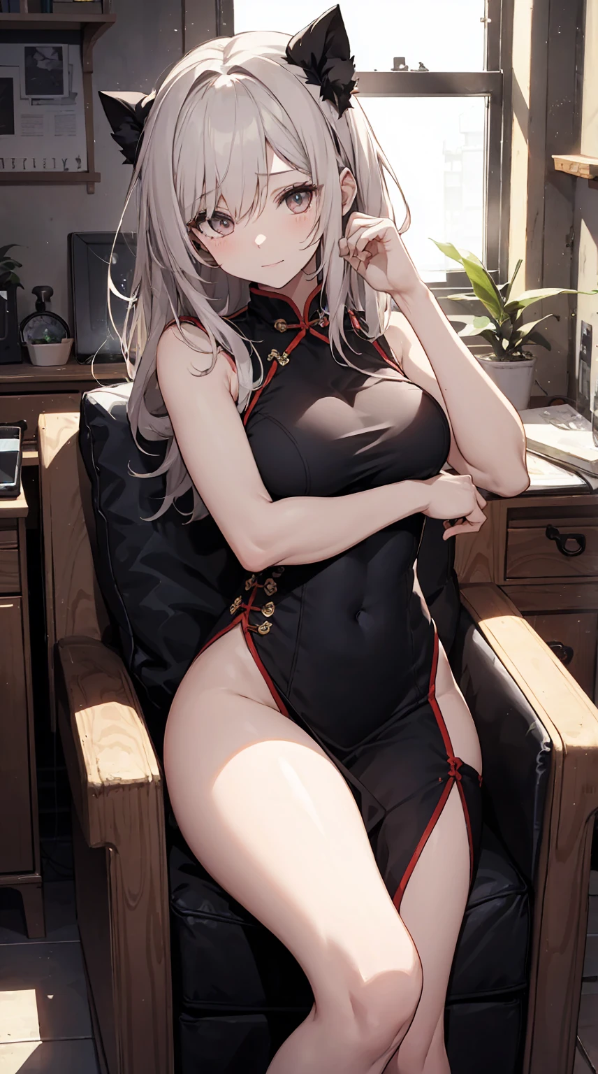 This illustration depicts a cute girl with well-toned beautiful muscles who is fighting. She is an organized person and has a twinkle in her eye. The place is like a back alley. However, the most noteworthy thing is the "last mysterious high-energy body" she emits. This energy body released from her body has the power to obliterate the garbage in the store. The pale light reaches every corner of the room. She is sitting on a plush chair and wearing a long cheongsam outfit with a slit. I'm obsessed with fighting.