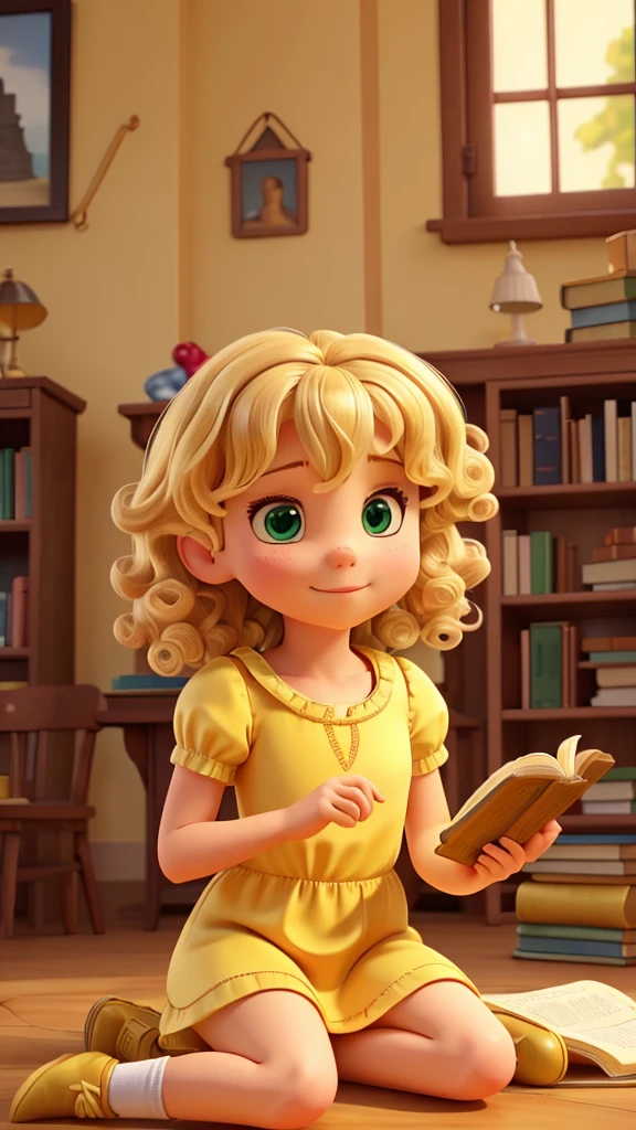 blonde curly hair, greeneyes, wearing a little yellow dress, short socks, yellow sneakers, sitting reading a history book