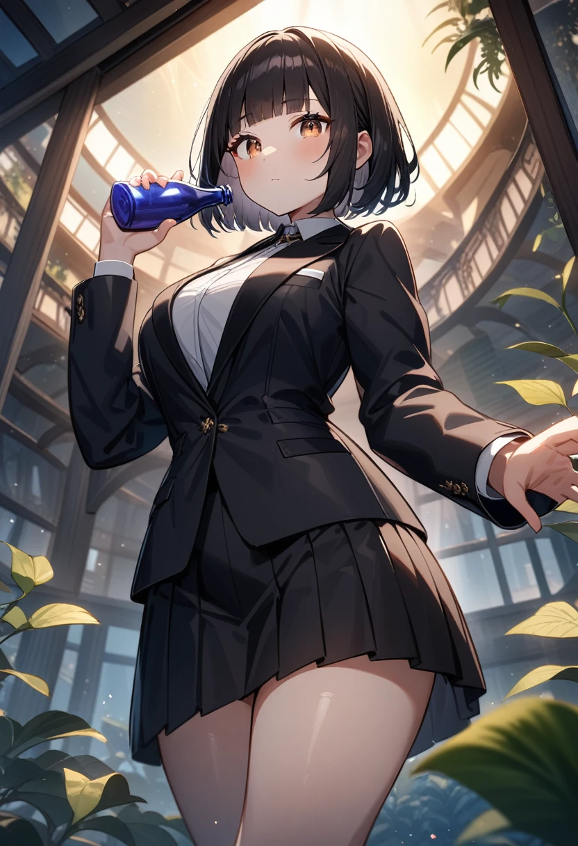 masterpiece, best quality, very aesthetic, absurdres, source anime, anime, super detailed, extreme detailed, general, 
1girl, standing, holding tiny bottle, looking at viewer, from below, dutch angle, 
BREAK girl, 22yo, short hair, bob cut, (blunt bangs), black hair, (tareme, detailed cute brown eyes), curled eyelashes, (large breasts:0.9), 
shiny hair, beautiful detailed eyes, beautiful face,
white collared shirt, black jacket, black tight mini skirt, 
expressionless, 
Greenhouse on the roof of a building, night, Rafflesia, (Strange plant:1.2),
An ominous vortex of shadowy tendrils and fiery hues, symbolizing powerful and chaotic hatred