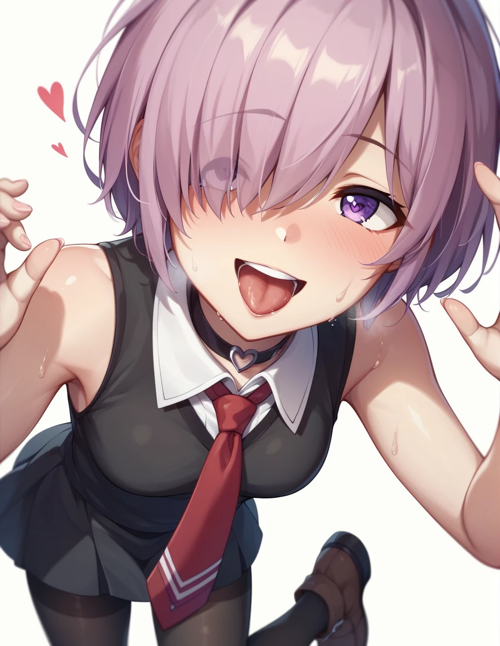 smile、Ultra-detailed illustrations、Ultra-precise expression、masterpiece、Highest quality、ultra High resolution、High resolution、Hiromitsu Takeda Style、White background、Simple Background、Mash Kyrielight、light purple hair,short hair,hair over one eyes、Black sleeveless dress, White collar、Red tie、Black Pantyhose、Purple eyes、smile、Open your mouth、Choker of Hearts、White Breath、Sweat、Glowing Skin、excited、shiny skin、Side angle、penis、、semen、Handjob、