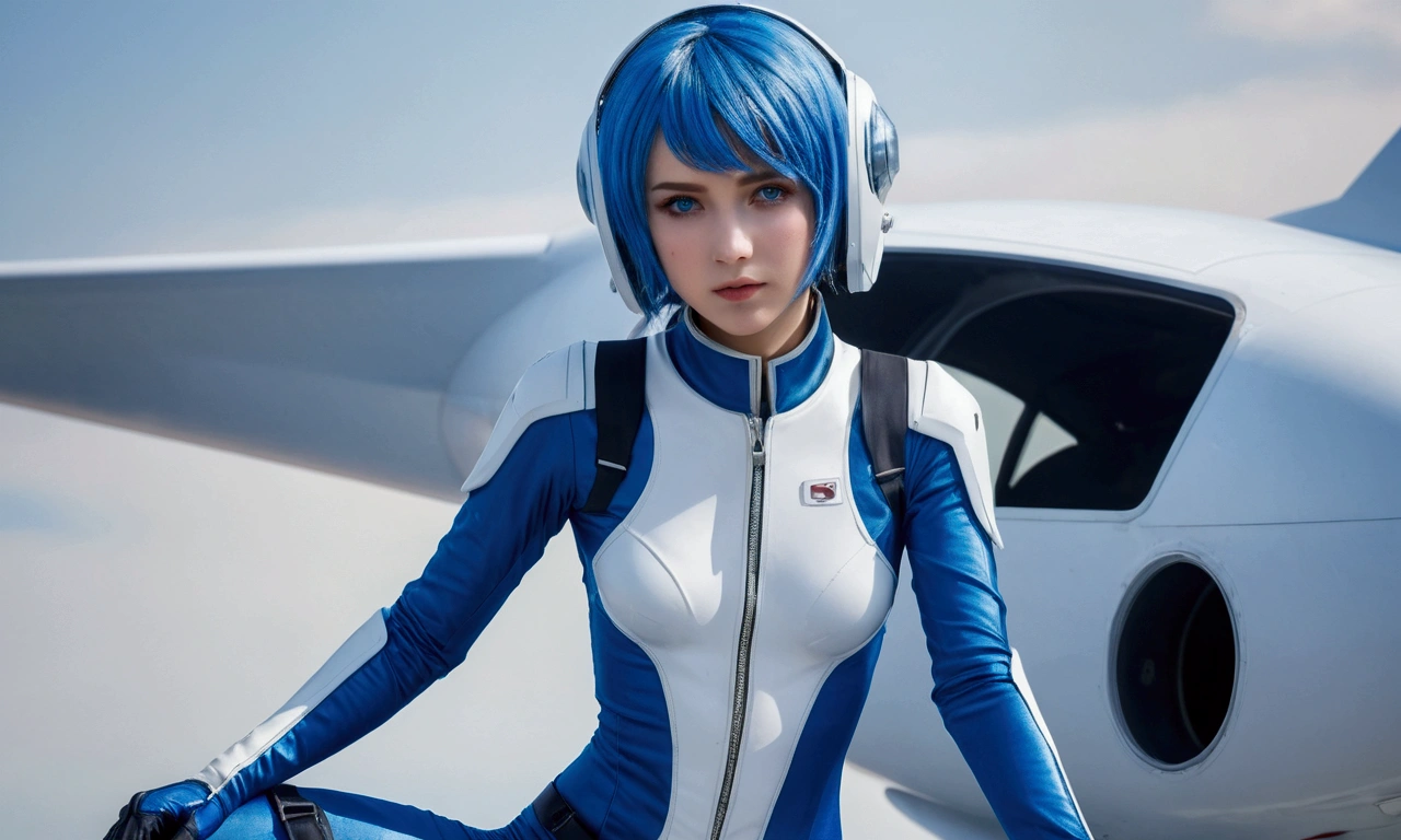 (masterpiece, highest quality, highest resolution, distinct_image, detailed details): (Solo, lone girl, Japan face, blue haired girl, short cut, full body figure, small size breasts, sparkling blue colored eyes, pilot suit in metallic white and blue color, tight fit clothes, clothes covering the whole body, beauty, slim body, exoskeleton, sexy pose, heroine, Full face helmet, knee boots)