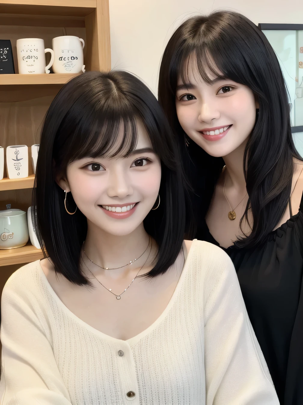 Two beautiful women standing side by side、、 smile、Beautiful teeth alignment、Black Hair、Short Haircut、Wavy Hair、ear piercing、Necklace around the neck、Long sleeve blouse、The background is a coffee shop