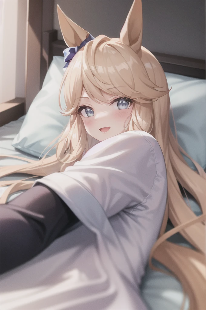 masterpiece, best quality,
gold city \(umamusume\),
pillow, lying, blush, white shirt, short sleeves, on side, upper body, smile, under covers, on bed, open mouth, blanket, t-shirt, bed sheet