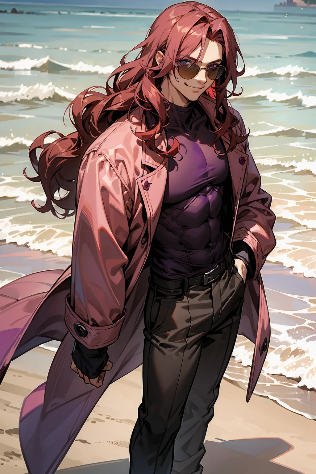 1male, Young Adult, Dark Red Hair, Light Pink Hair, , Muscular, Curly Hair, Two Toned Hair, Sunglasses, Magenta Colored Eyes, Smirk, Standing On Beach, Purple Coat, Long Hair