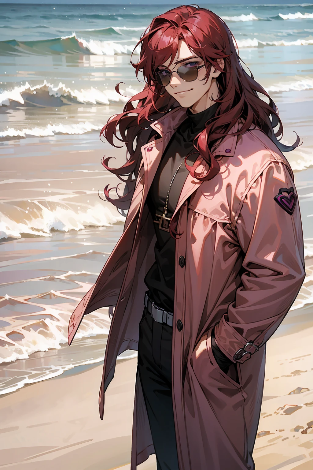 1male, Young Adult, Dark Red Hair, Light Pink Hair, , Muscular, Curly Hair, Two Toned Hair, Sunglasses, Magenta Colored Eyes, Smirk, Standing On Beach, Purple Coat, Long Hair